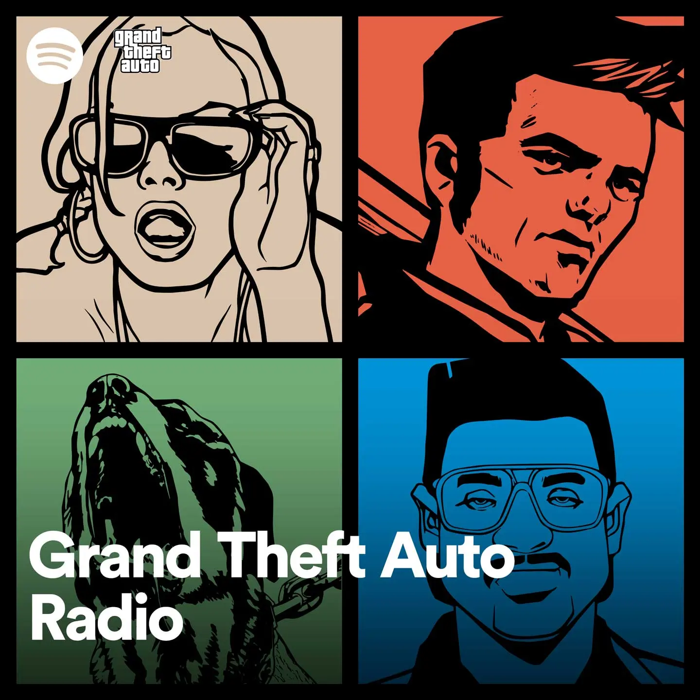 Arte de Grand Theft Auto Radio en Spotify con ilustraciones de portadas clásicas de la saga.