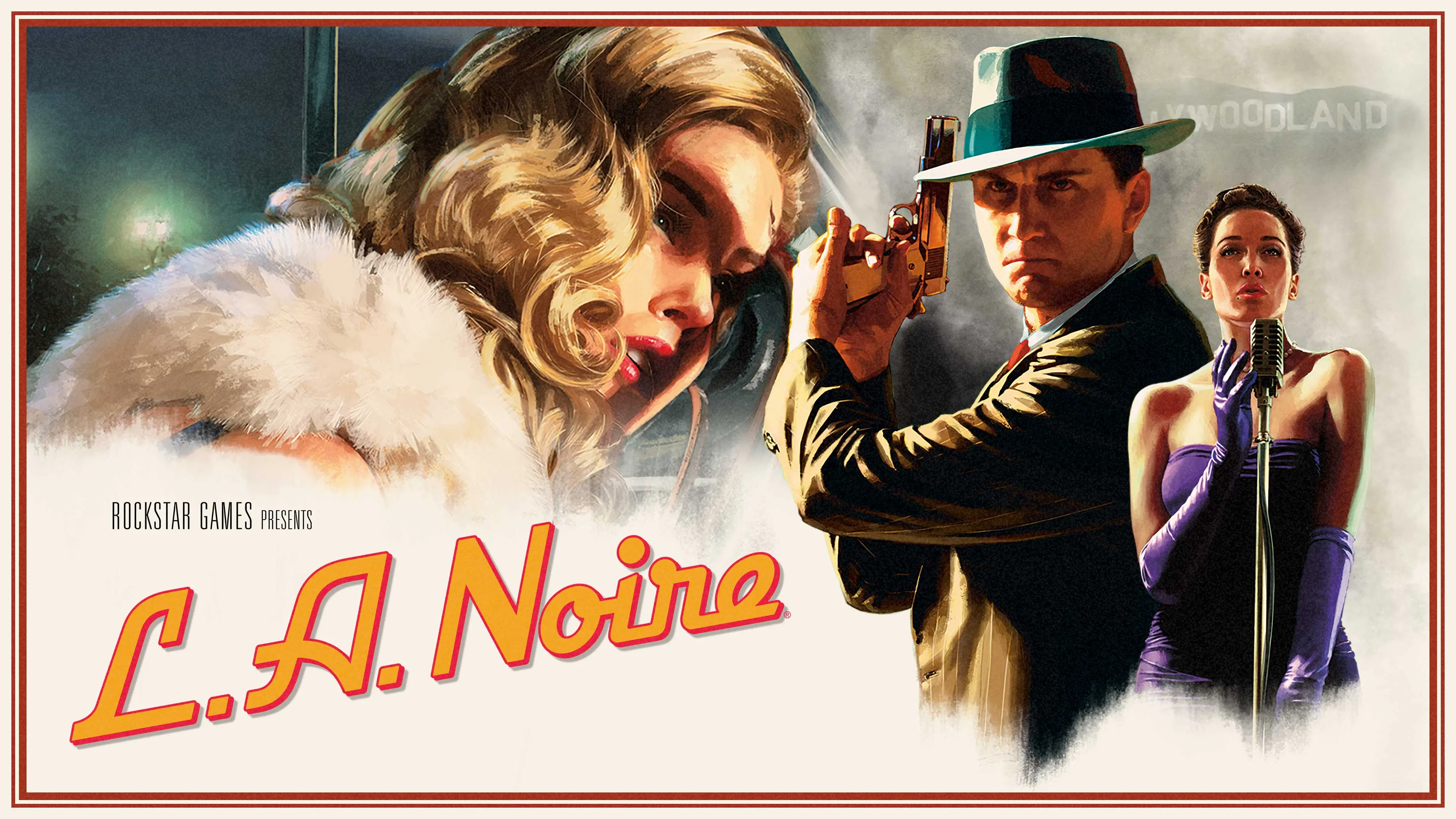 Arte de L.A. Noire con Cole Phelps empuñando una pistola y con sombrero, junto a una cantante ante un micrófono y una mujer rubia al teléfono.