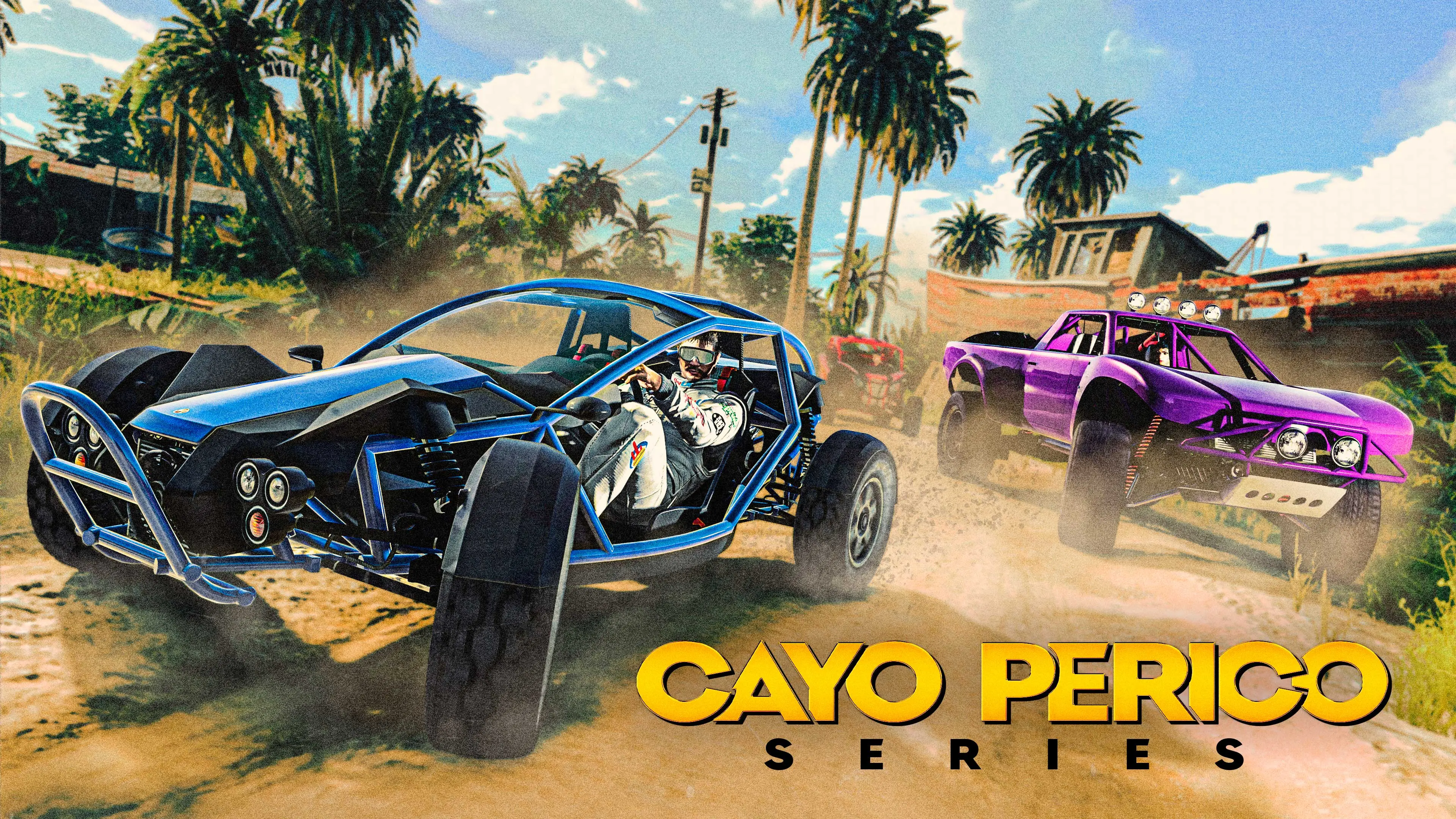 Cartel de la Cayo Perico Series con un buggy y una pickup morada compitiendo entre palmeras.