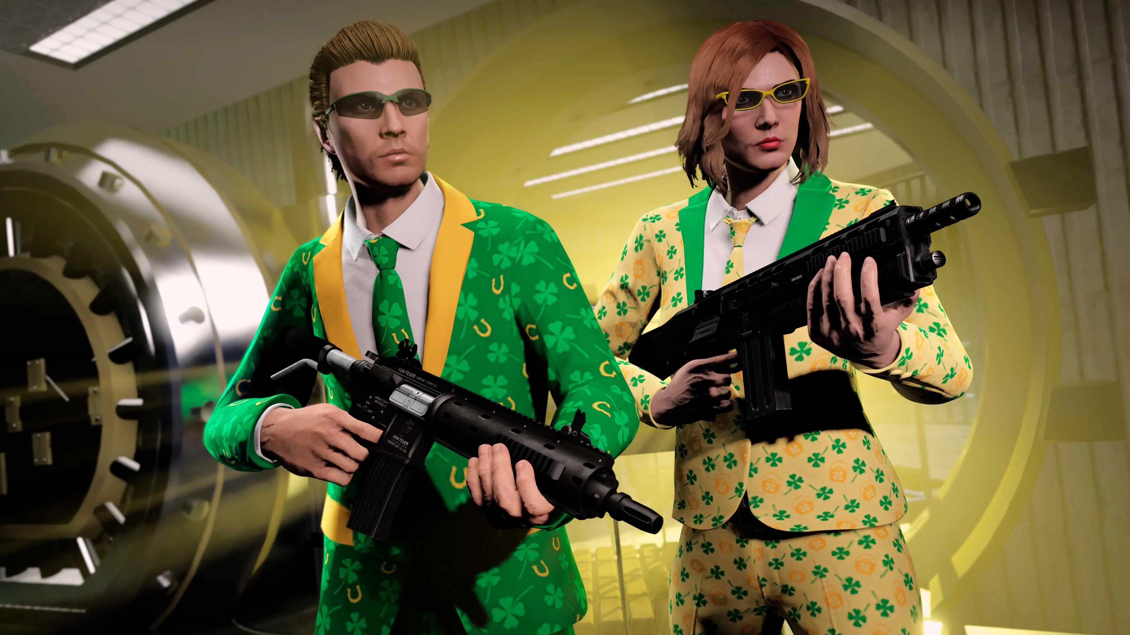 Two armed GTA Online characters wearing the Lucky Clover and Golden Clover outfits.