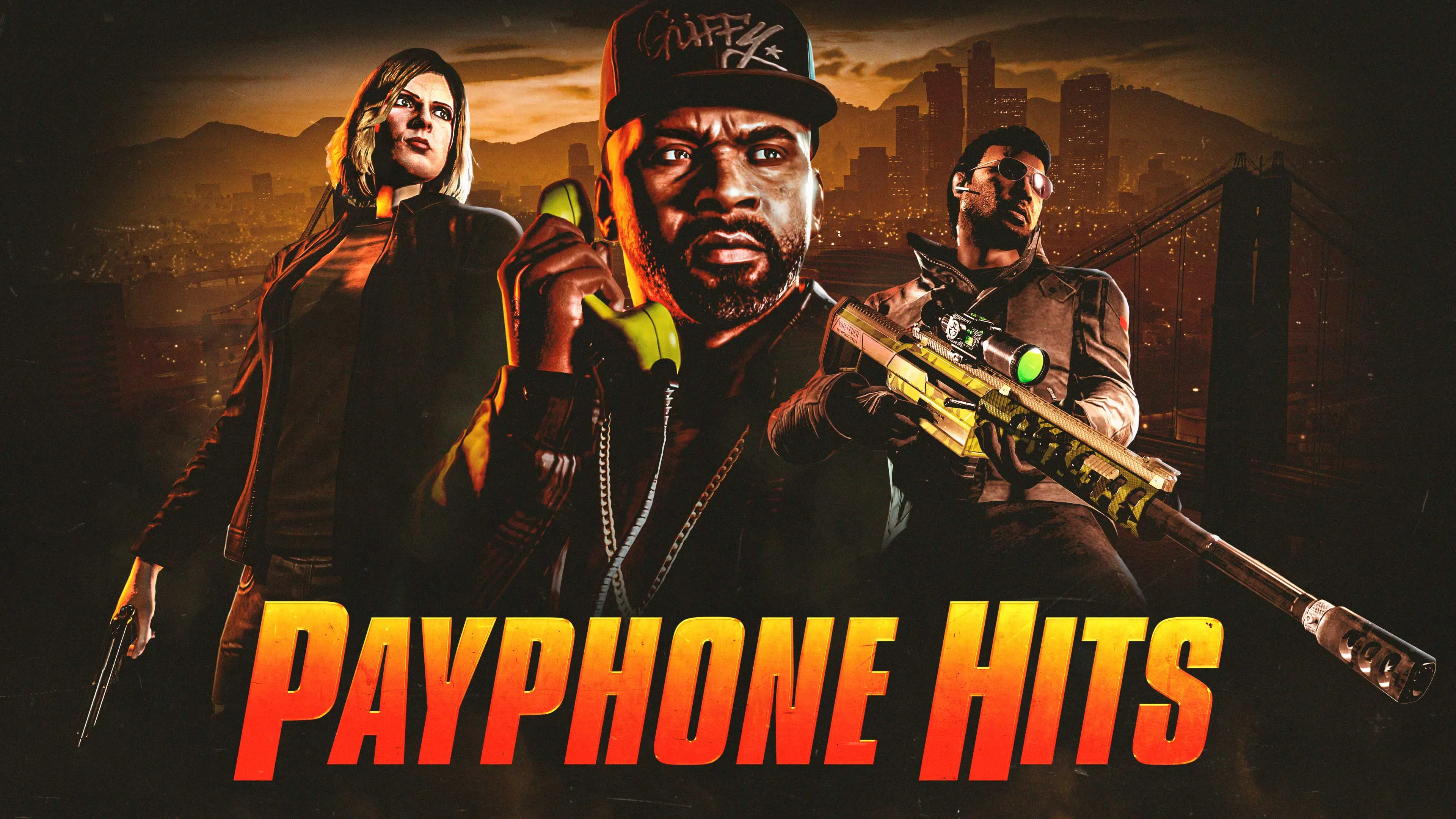Cartel de los Payphone Hits: Franklin con un teléfono de cable al oído y dos personajes armados.