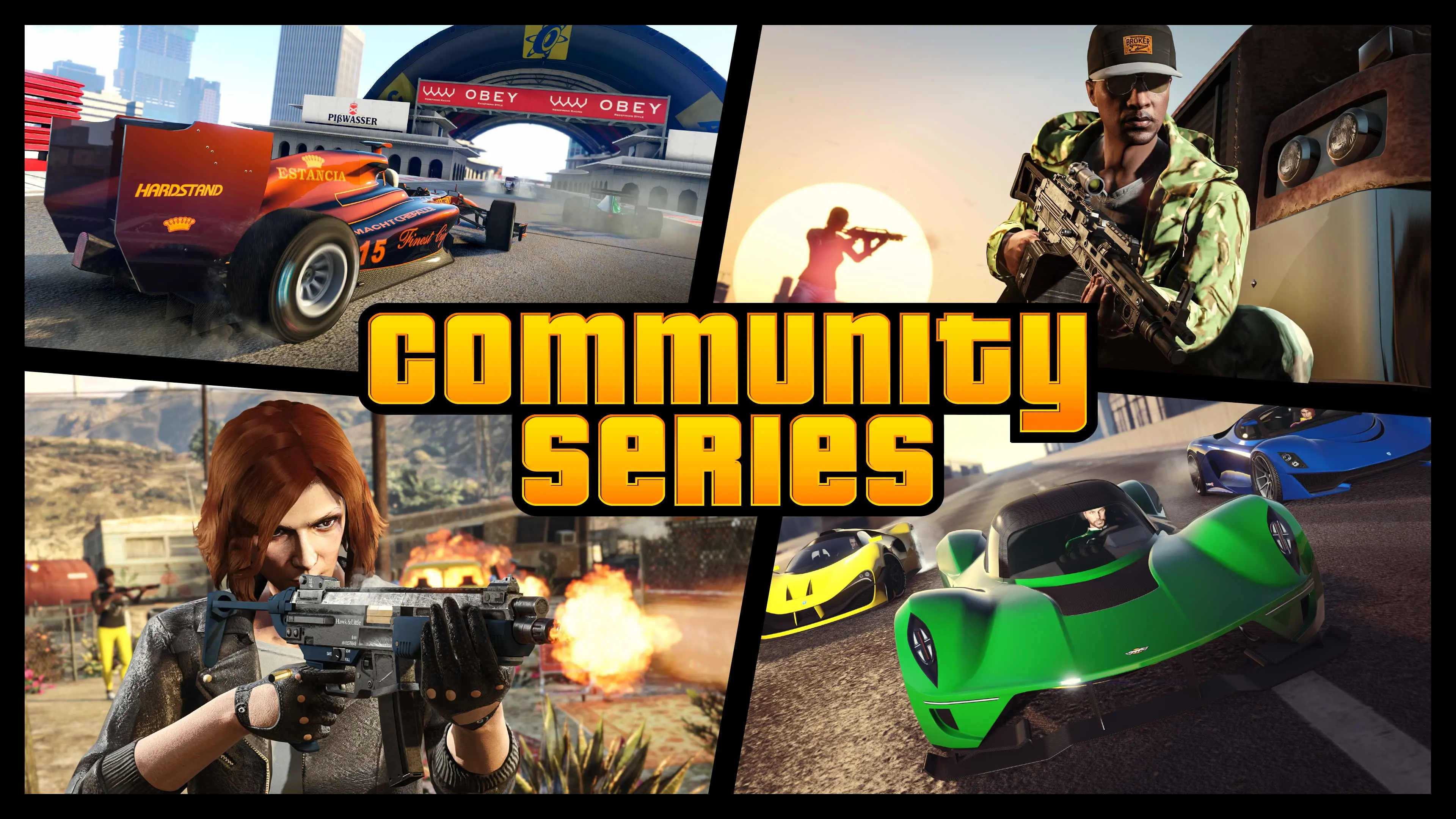 Montaje de la Community Series con escenas de carreras y tiroteos creados por jugadores de GTA Online.