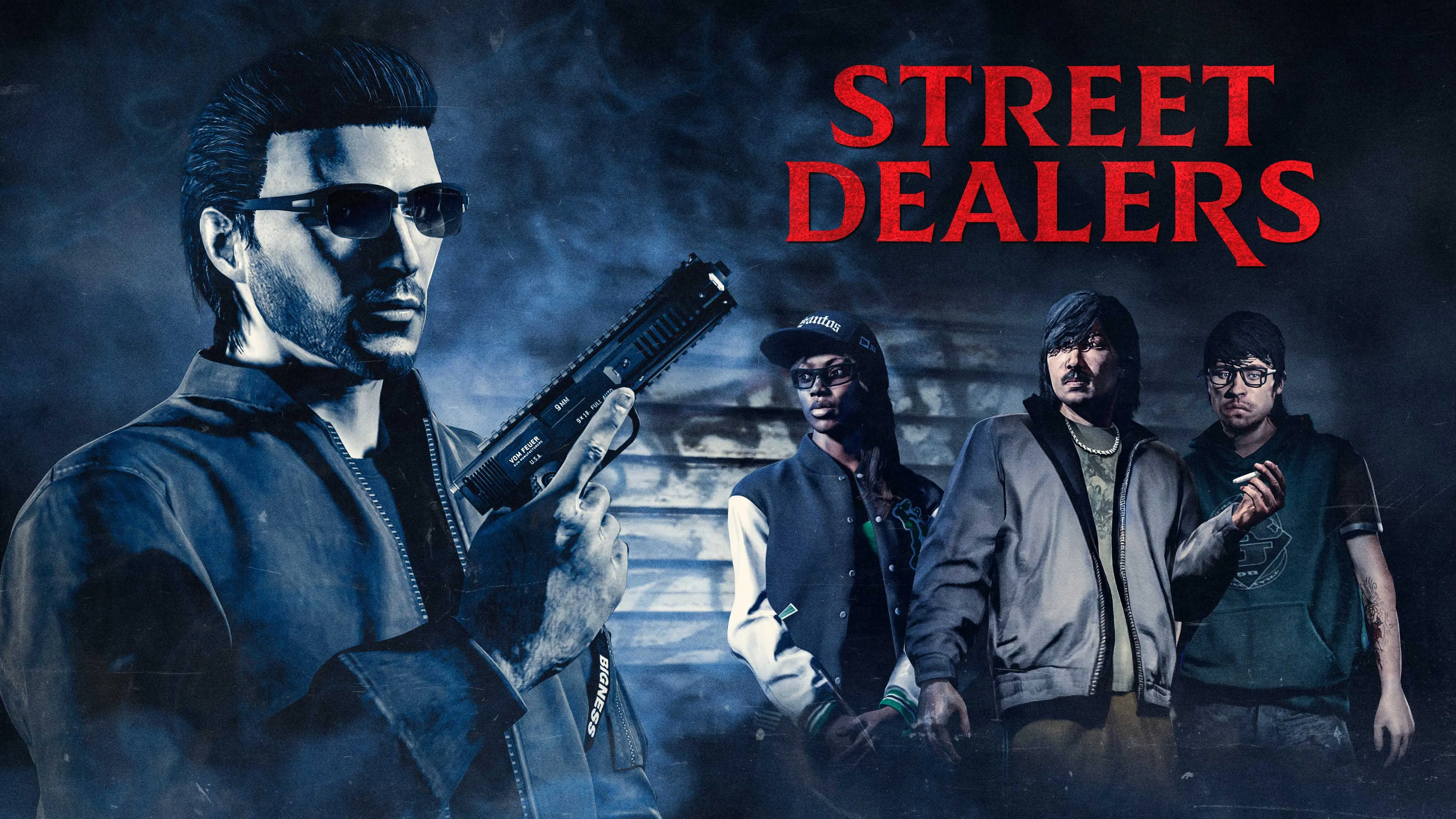 Street Dealers poster: a character holding a handgun and three dealers standing side by side.