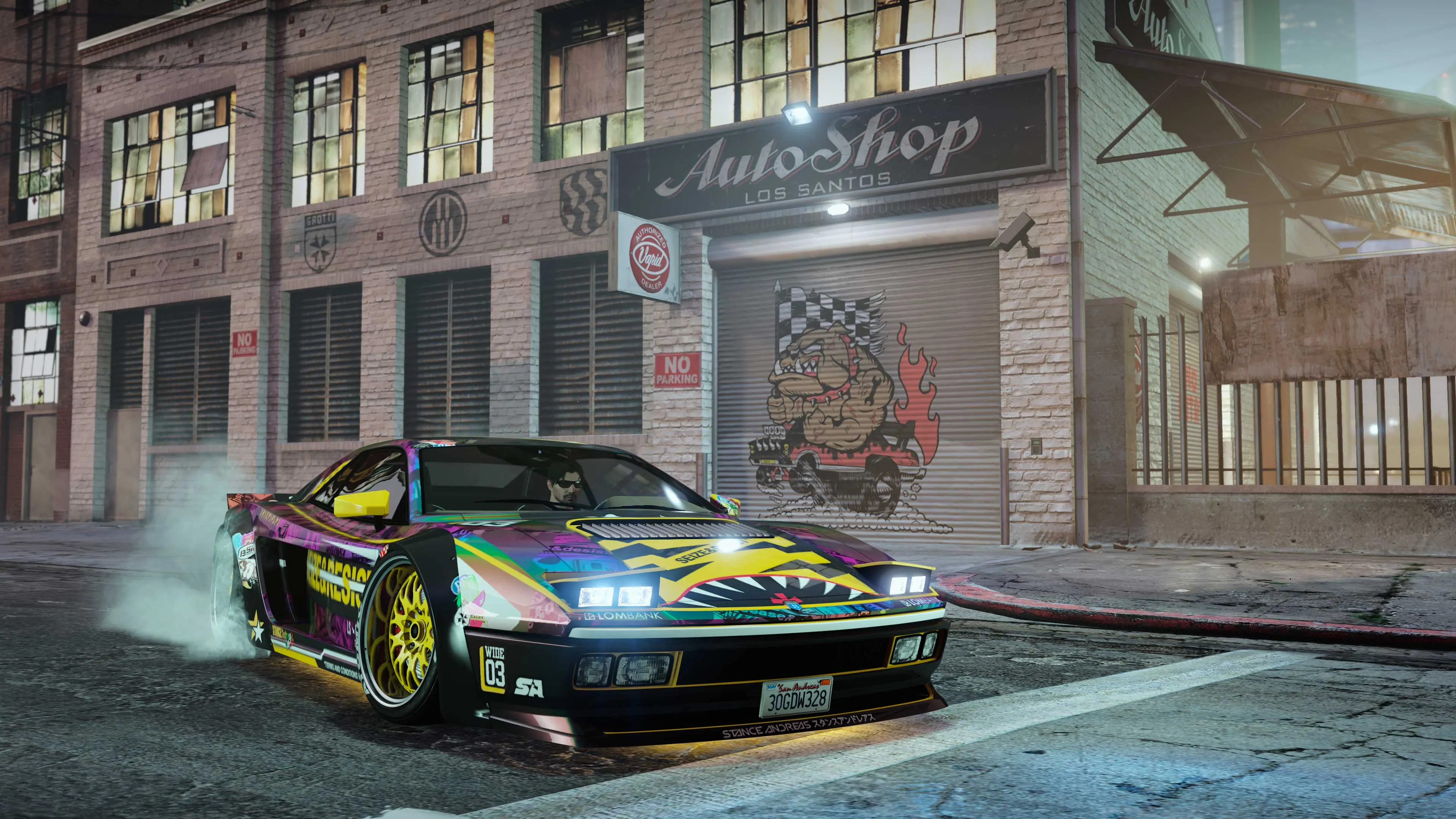 A modified car parked outside a GTA Online Auto Shop.