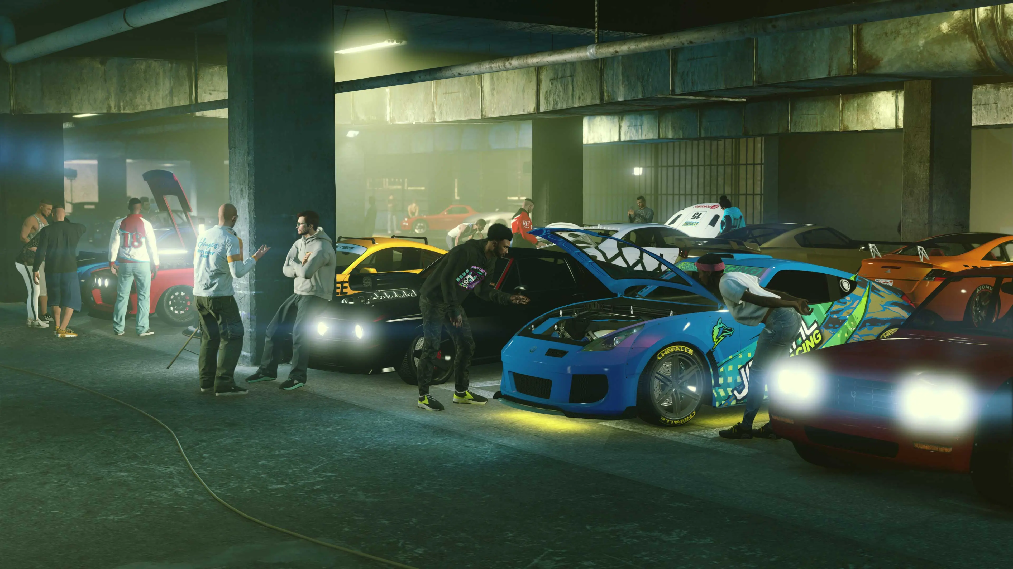 Modified cars and players gathered at an LS Car Meet in a car park.