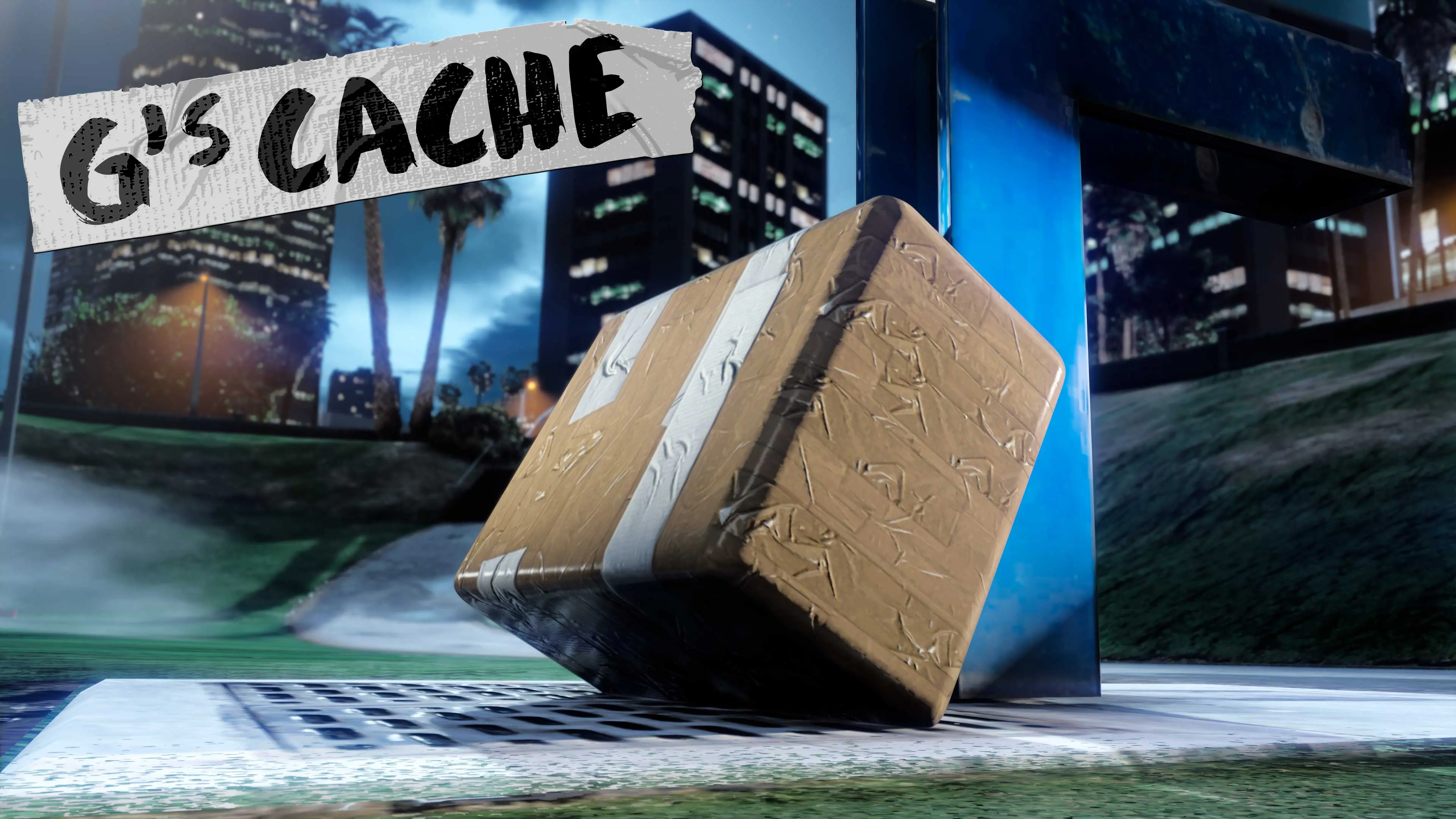 A duct-taped package next to a storm drain, with the text “G's Cache”.
