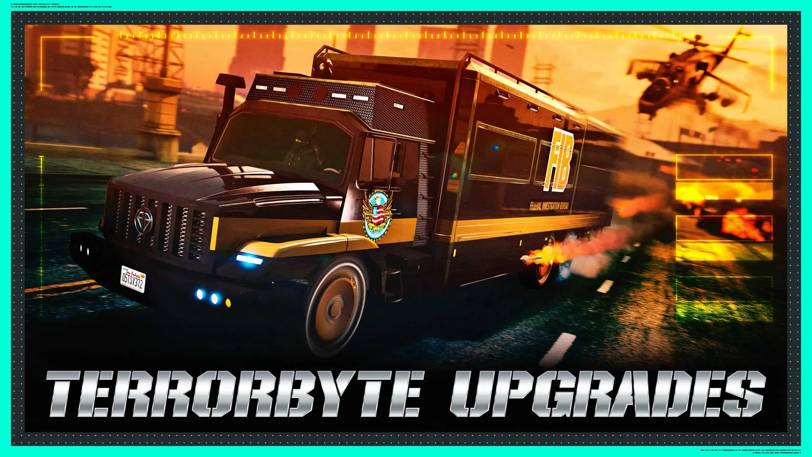 Cartel de las mejoras del Terrorbyte con el camión huyendo de un helicóptero entre explosiones.