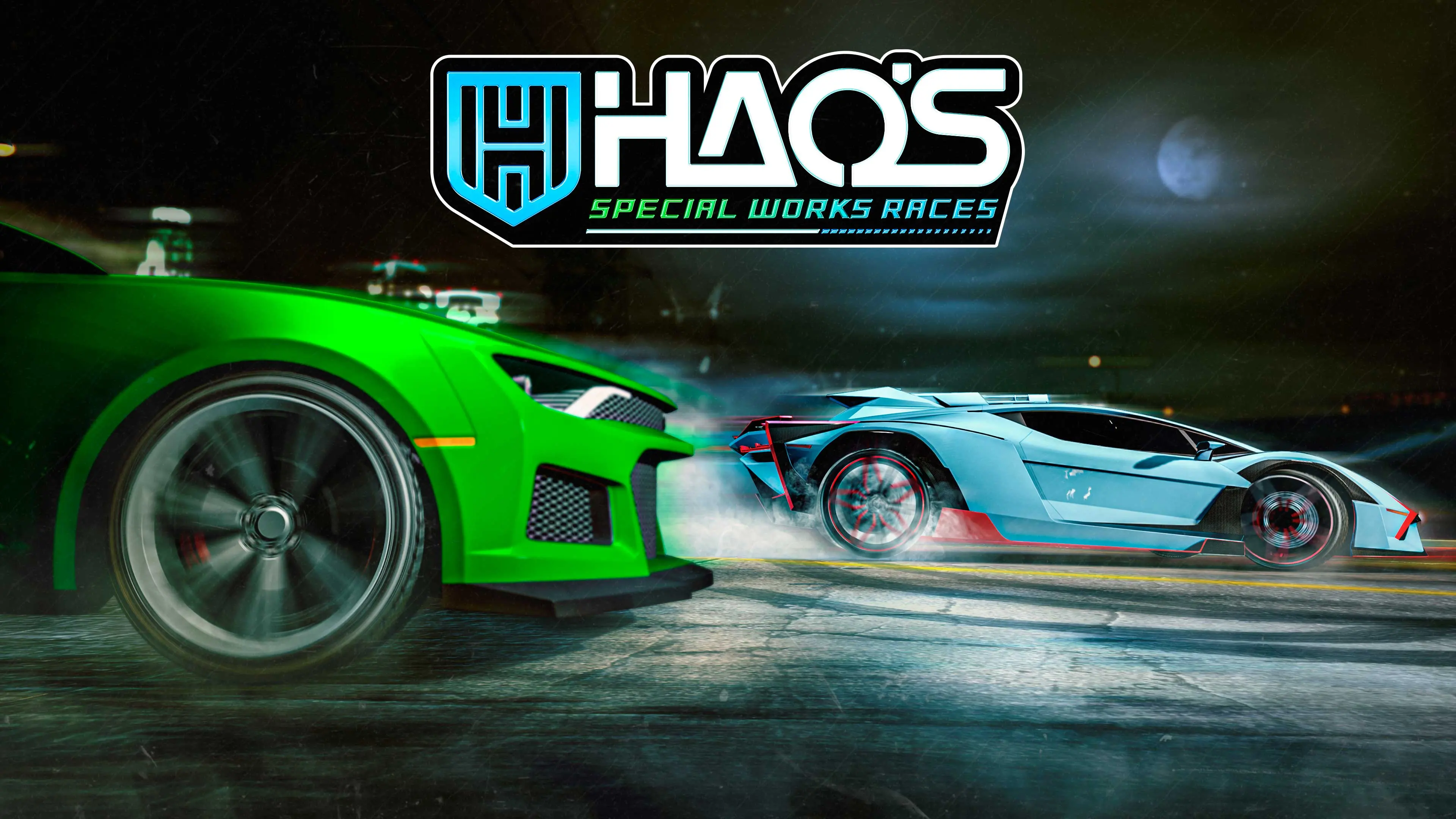 Hao's Special Works races poster with several modified cars racing through the streets.