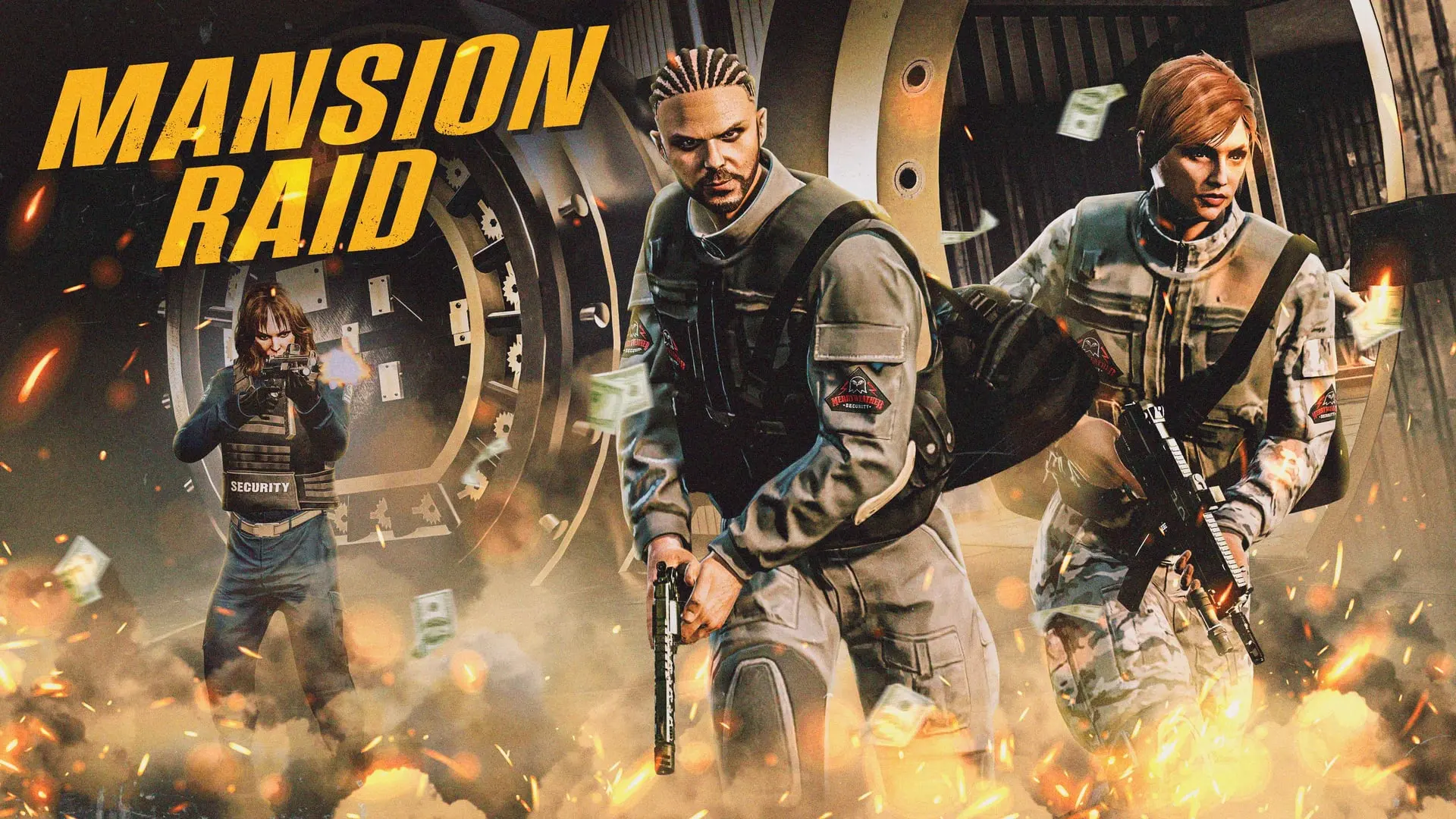 GTA Online Mansion Raid poster: three armed characters in front of a vault door, amid an explosion and flying banknotes.