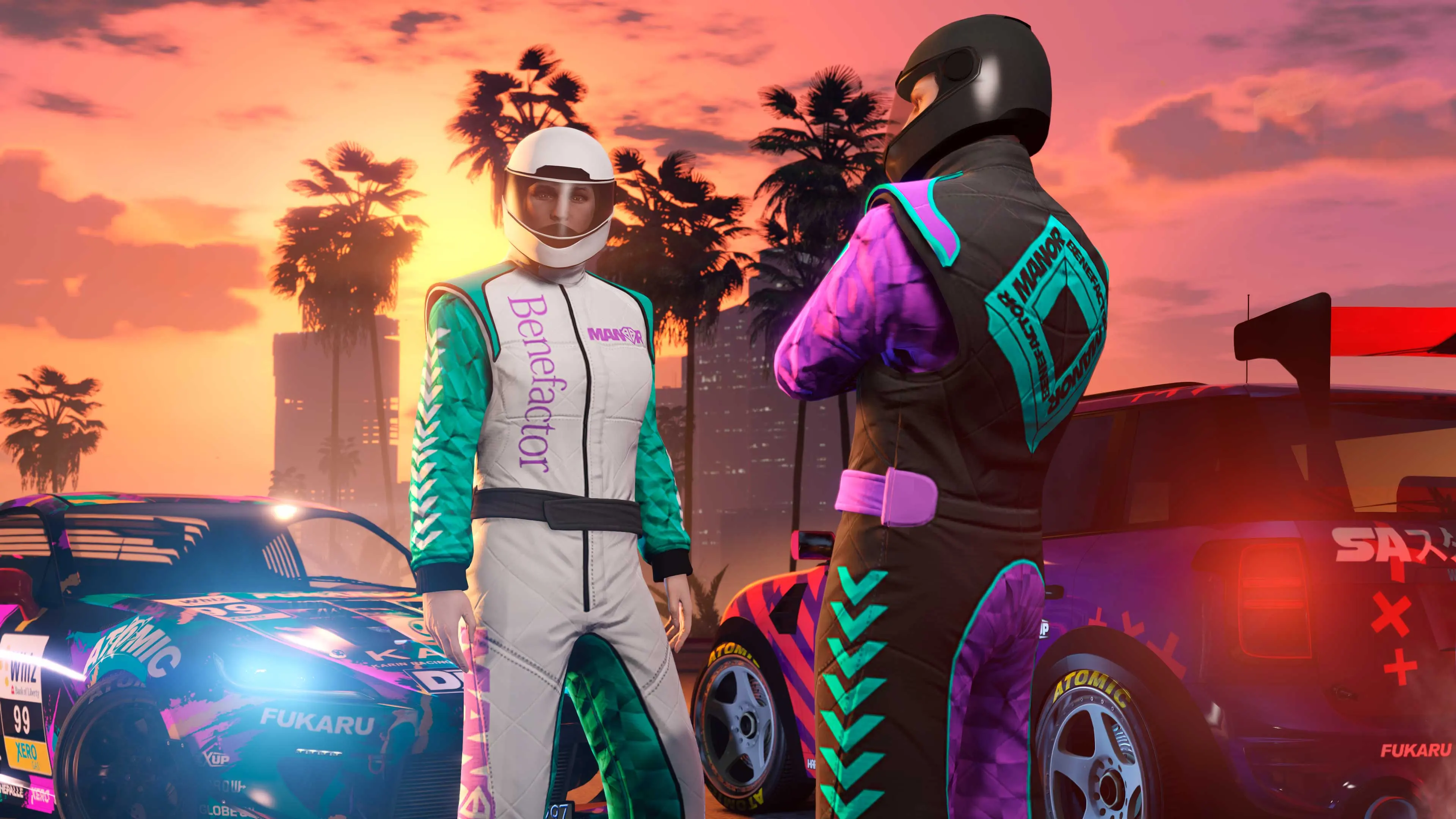 Two GTA Online characters in the Dark and Bright Manor Racing Suits in front of two cars.