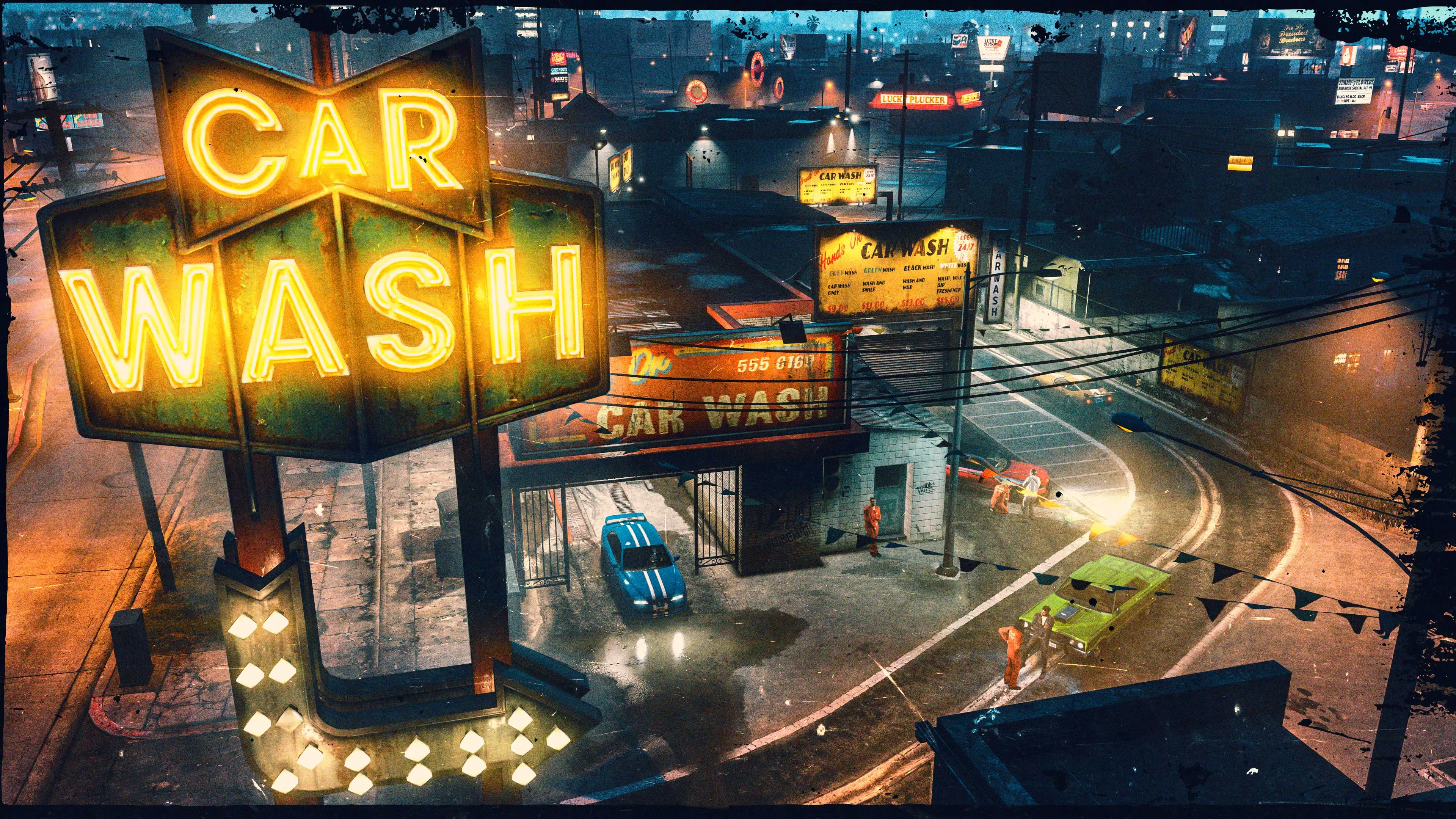 GTA Online characters washing cars under the illuminated Hands On Car Wash sign.