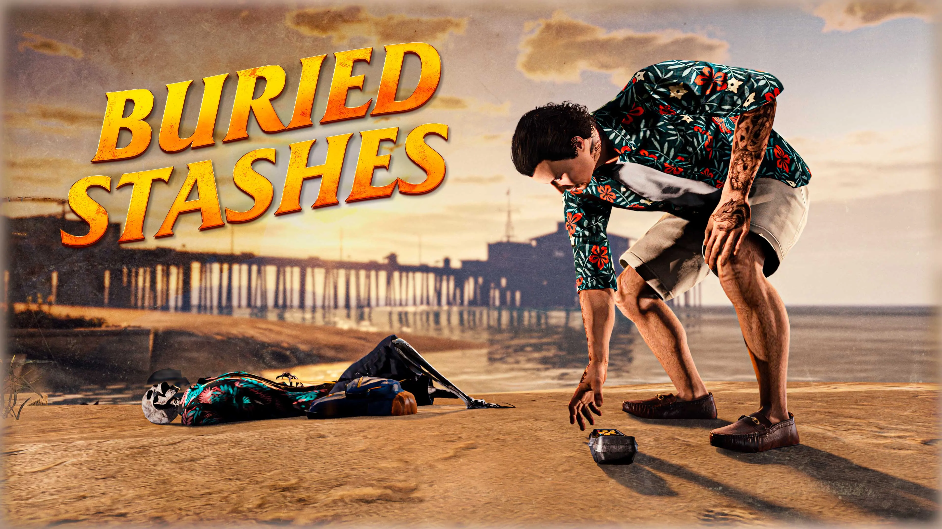Cartel de los alijos enterrados: un personaje con camisa hawaiana recoge un detector de metales en la arena.