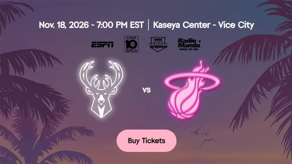 Promo for the Milwaukee Bucks vs Vice City game on November 18, 2026 at Kaseya Center, with white and pink neon logos over a palm-lined sunset.