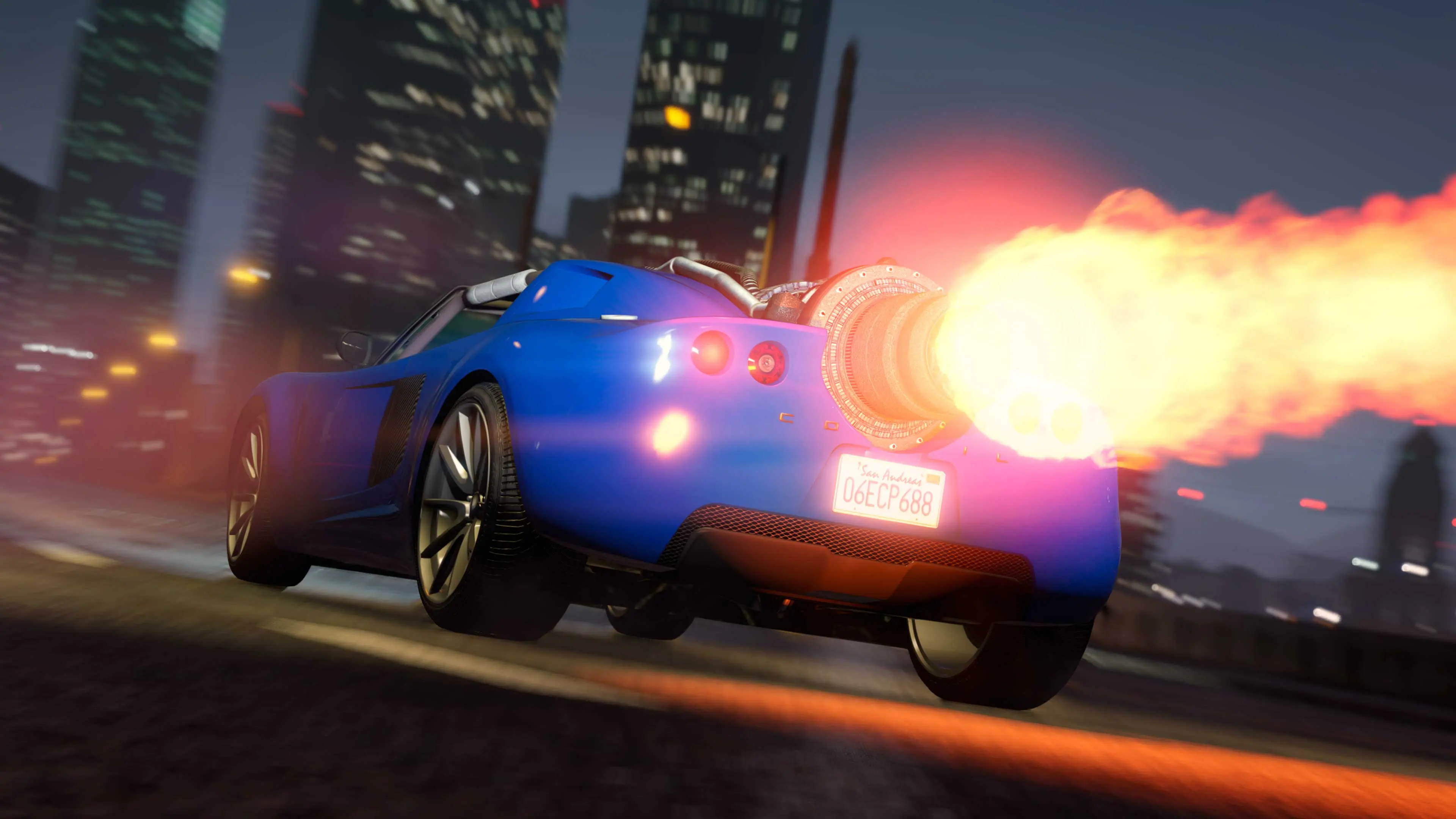 A blue Coil Rocket Voltic heads toward the city with flames erupting from its huge exhaust.