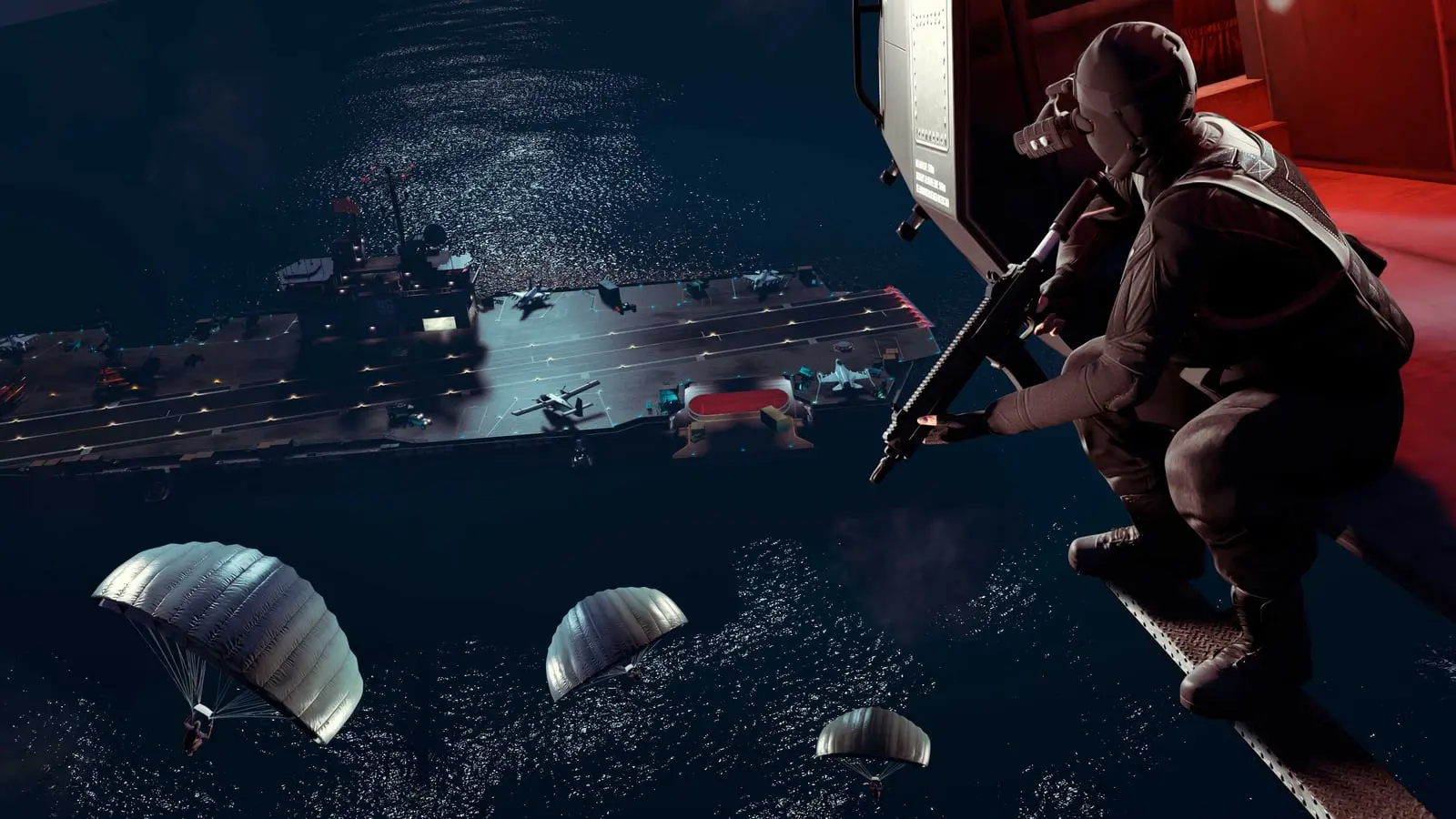 A mercenary leaning out of an aircraft door at night as paratroopers drift down towards an aircraft carrier.