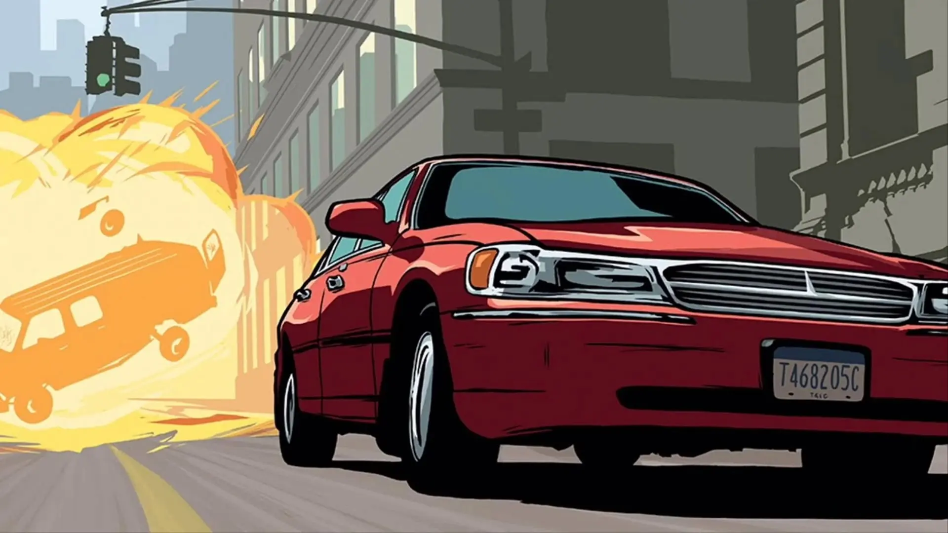 Official GTA Liberty City Stories artwork: a red sedan speeding down a Liberty City street as a van is blown into the air by an explosion.