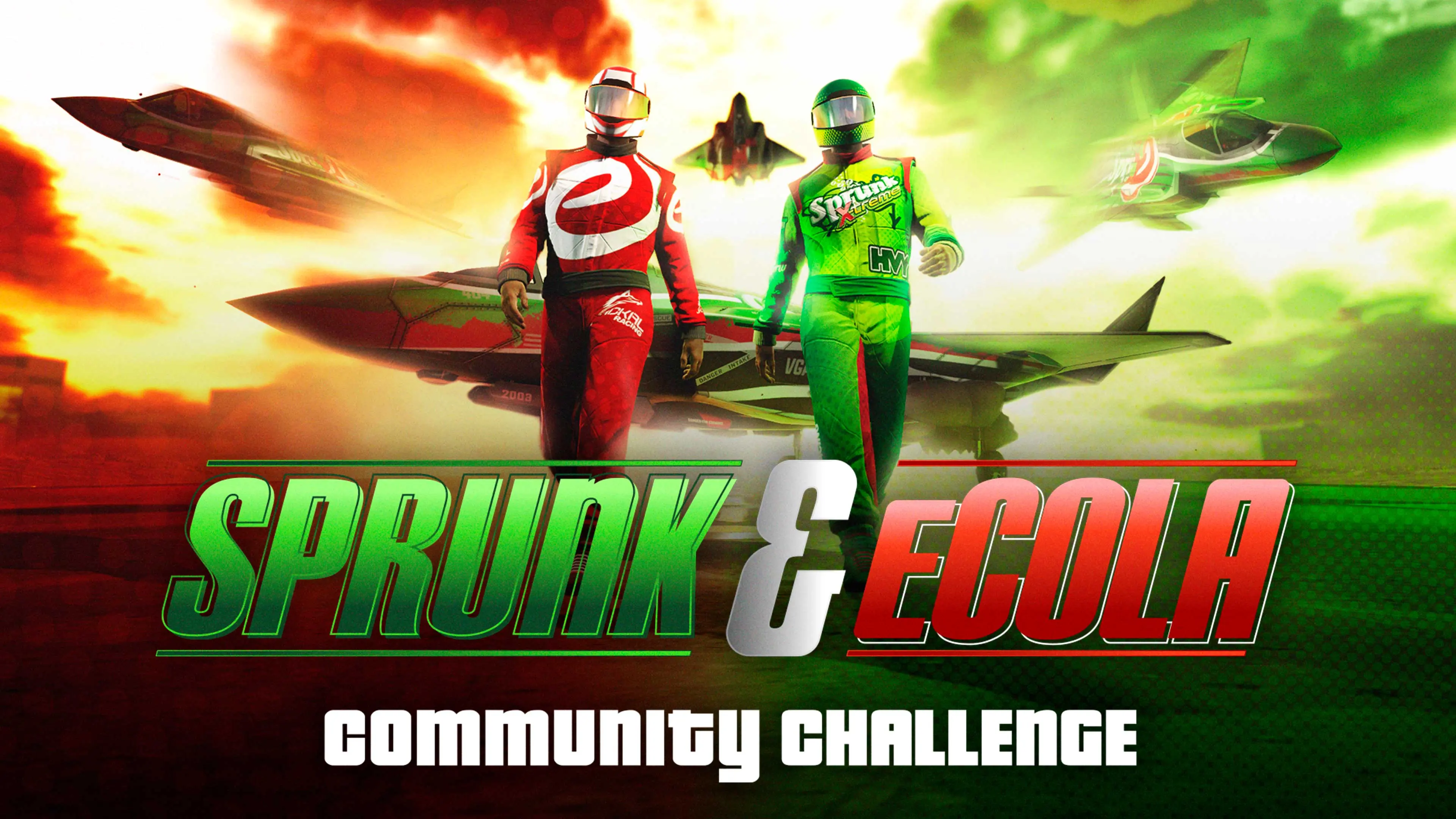 Sprunk & eCola Community Challenge poster with two pilots in Sprunk and eCola suits in front of fighter jets.
