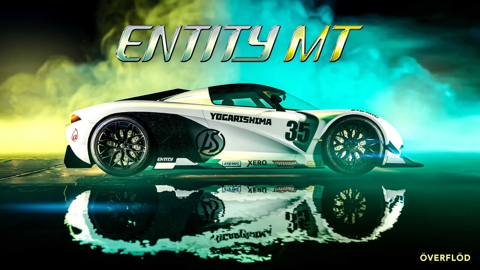 White Överflöd Entity MT with a race number, reflected in water.