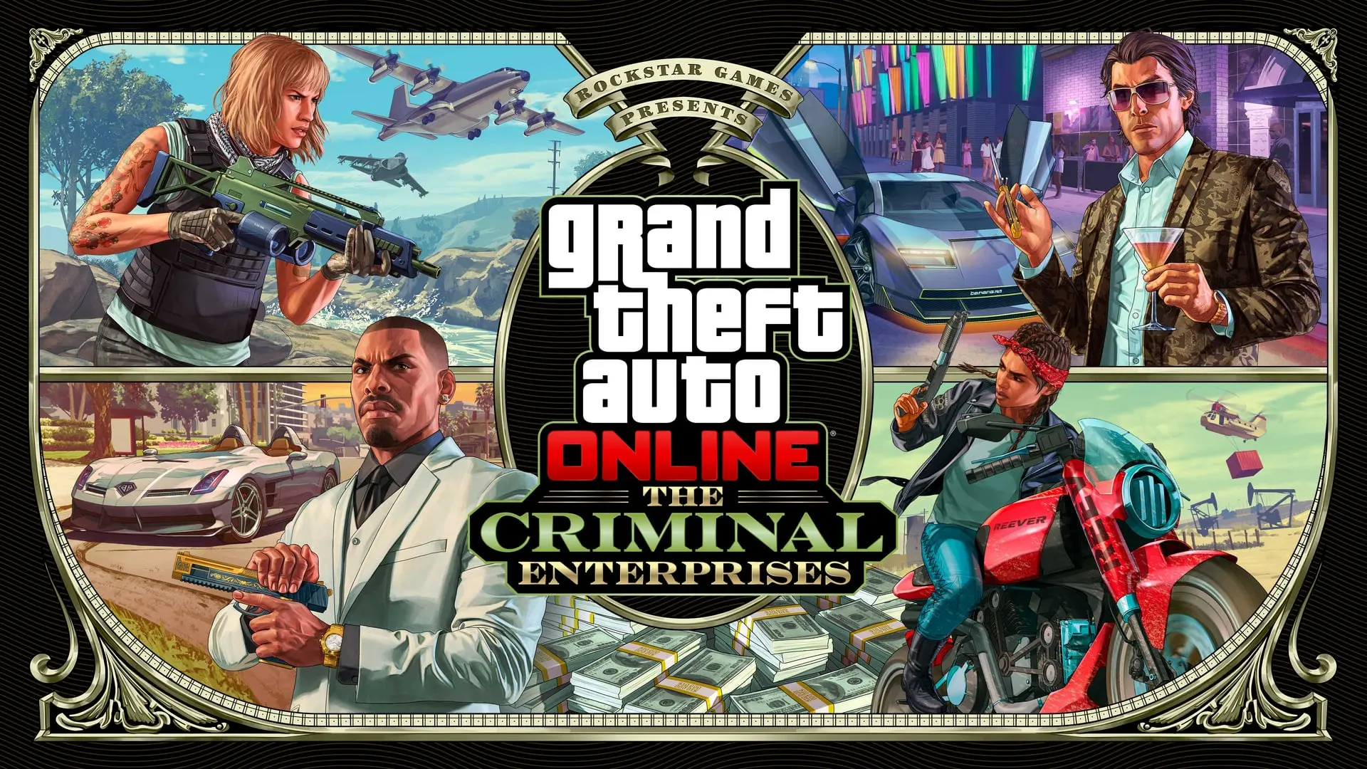 Arte de GTA Online: The Criminal Enterprises con estilo de billete: viñetas de una mujer armada, un ejecutivo con copa, un hombre de traje blanco y un motero.