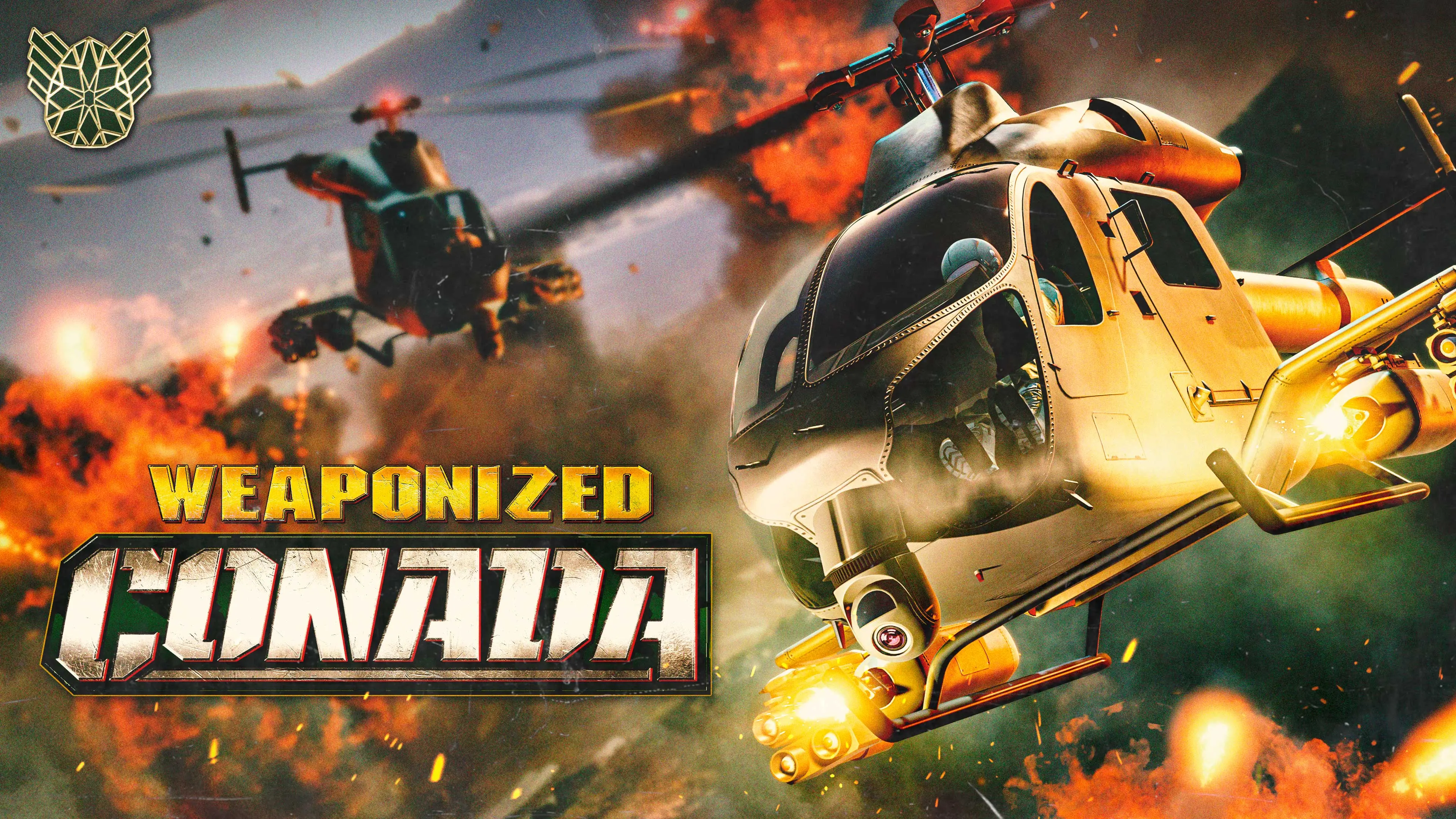 Weaponized Conada poster: a yellow armed helicopter fires amid explosions.