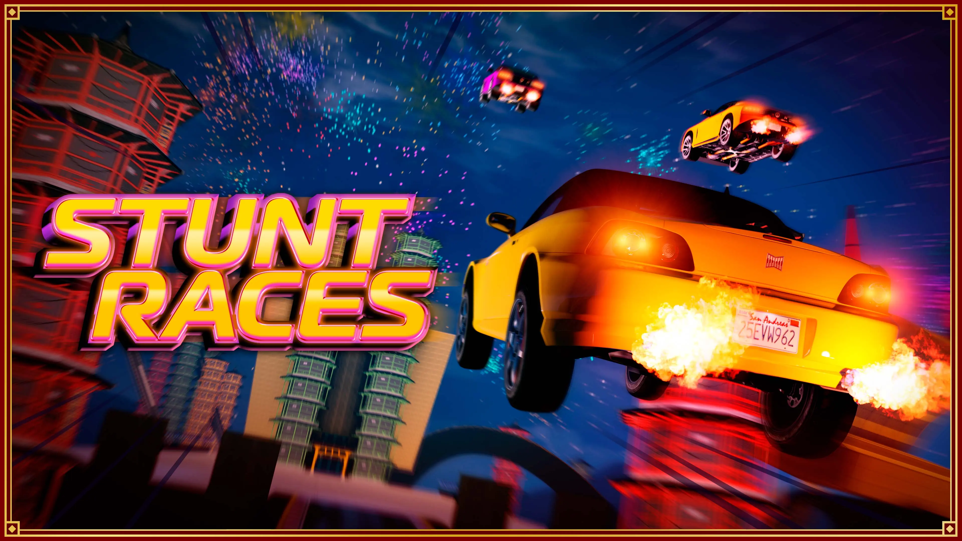 Lunar New Year Stunt Races poster: nitrous-boosted vehicles fly through fireworks above Los Santos.