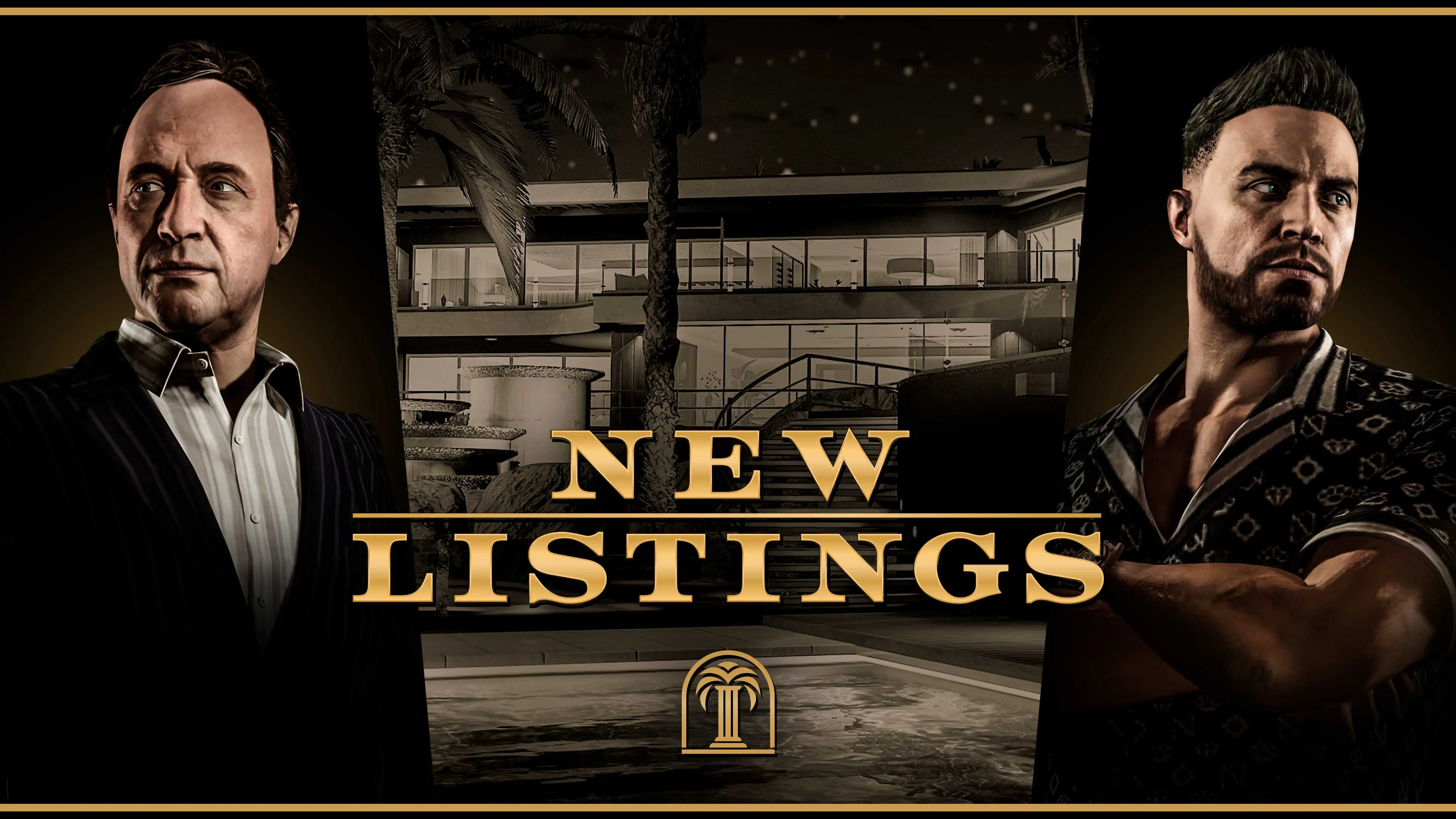 Cartel de New Listings con Mr. Faber, Raf y un edificio de lujo.