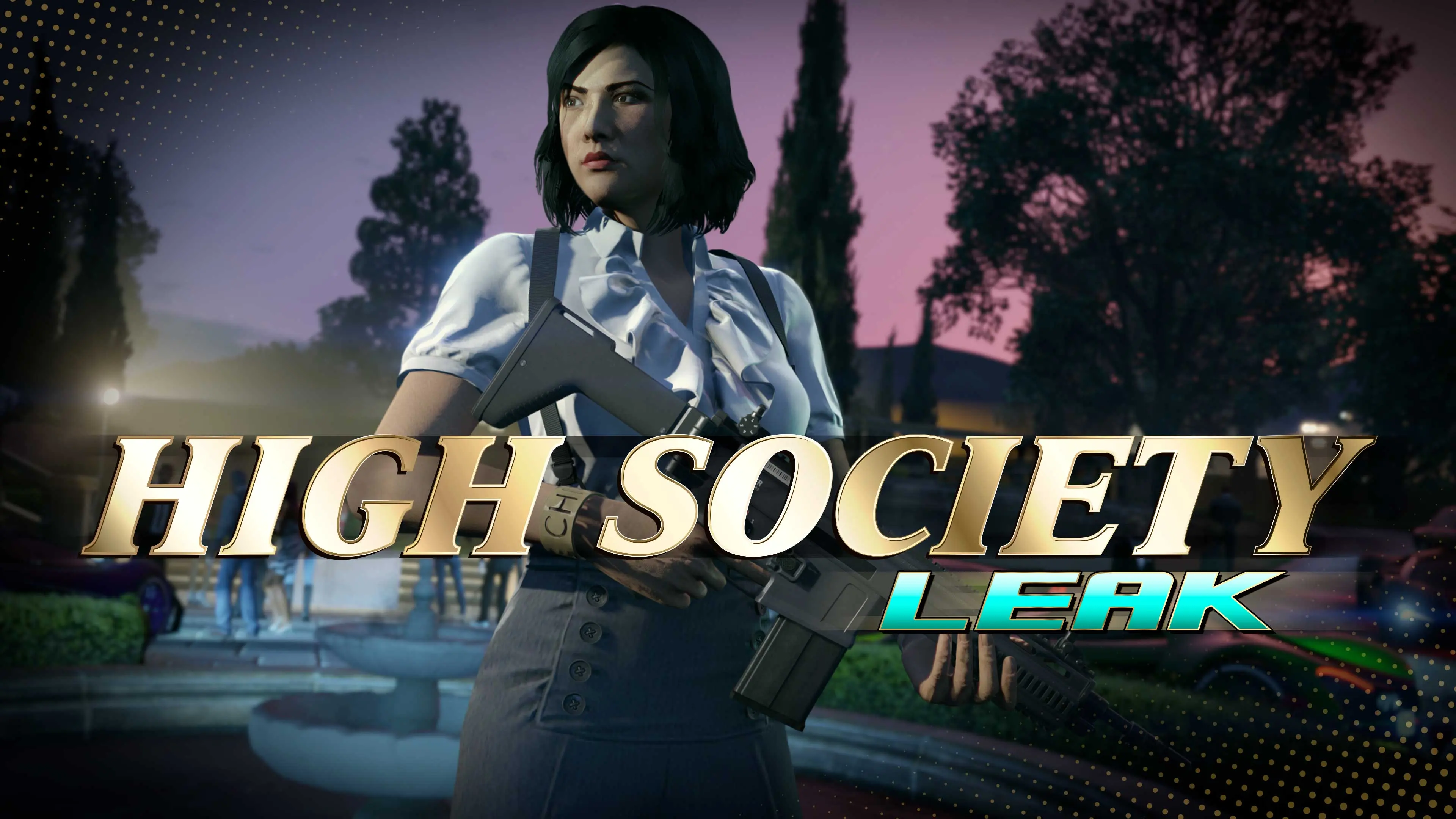 The High Society Leak poster with an armed woman in party clothes outside a mansion.