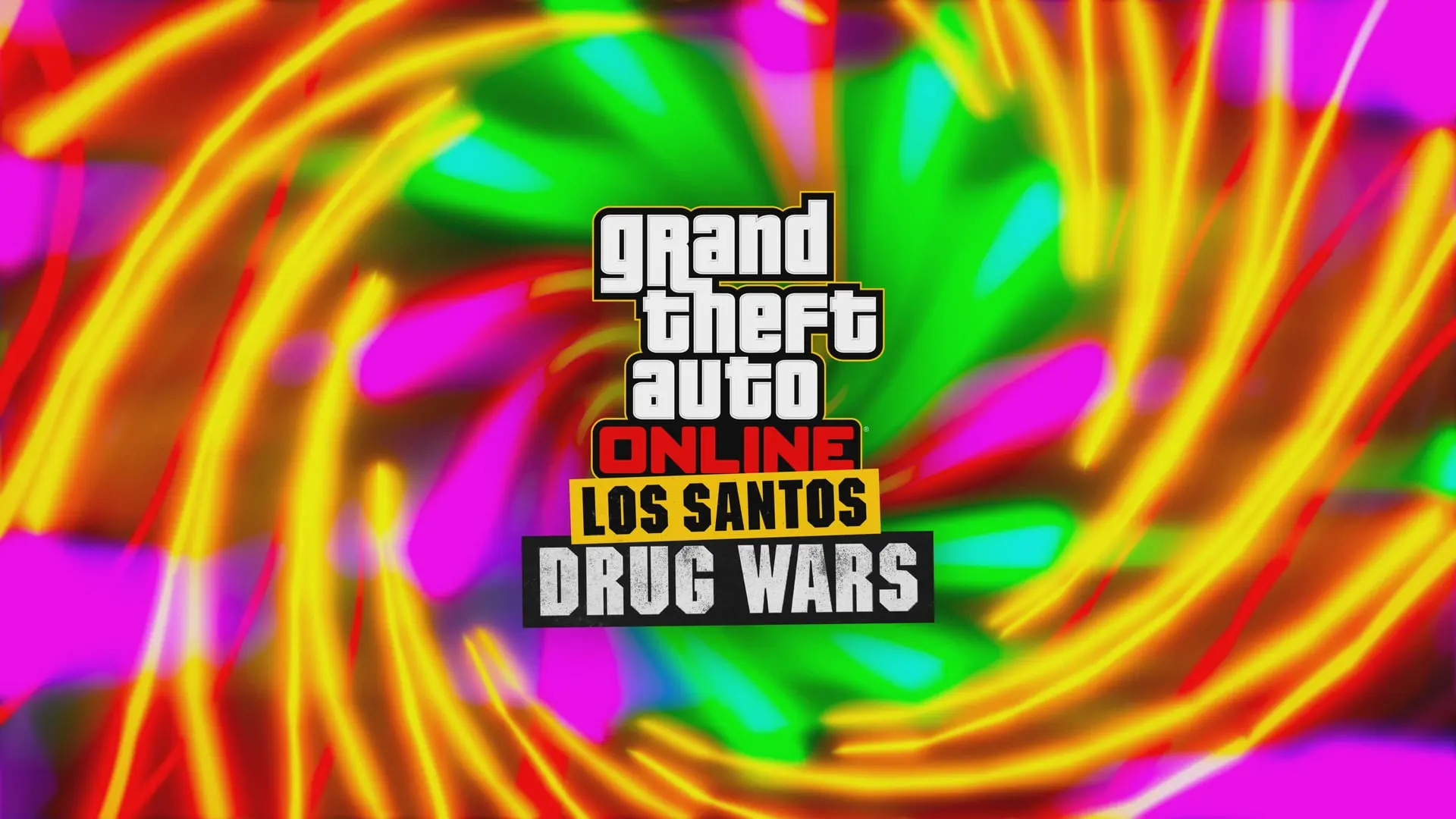 GTA Online: Los Santos Drug Wars logo over a background of psychedelic pink, yellow and green swirls.