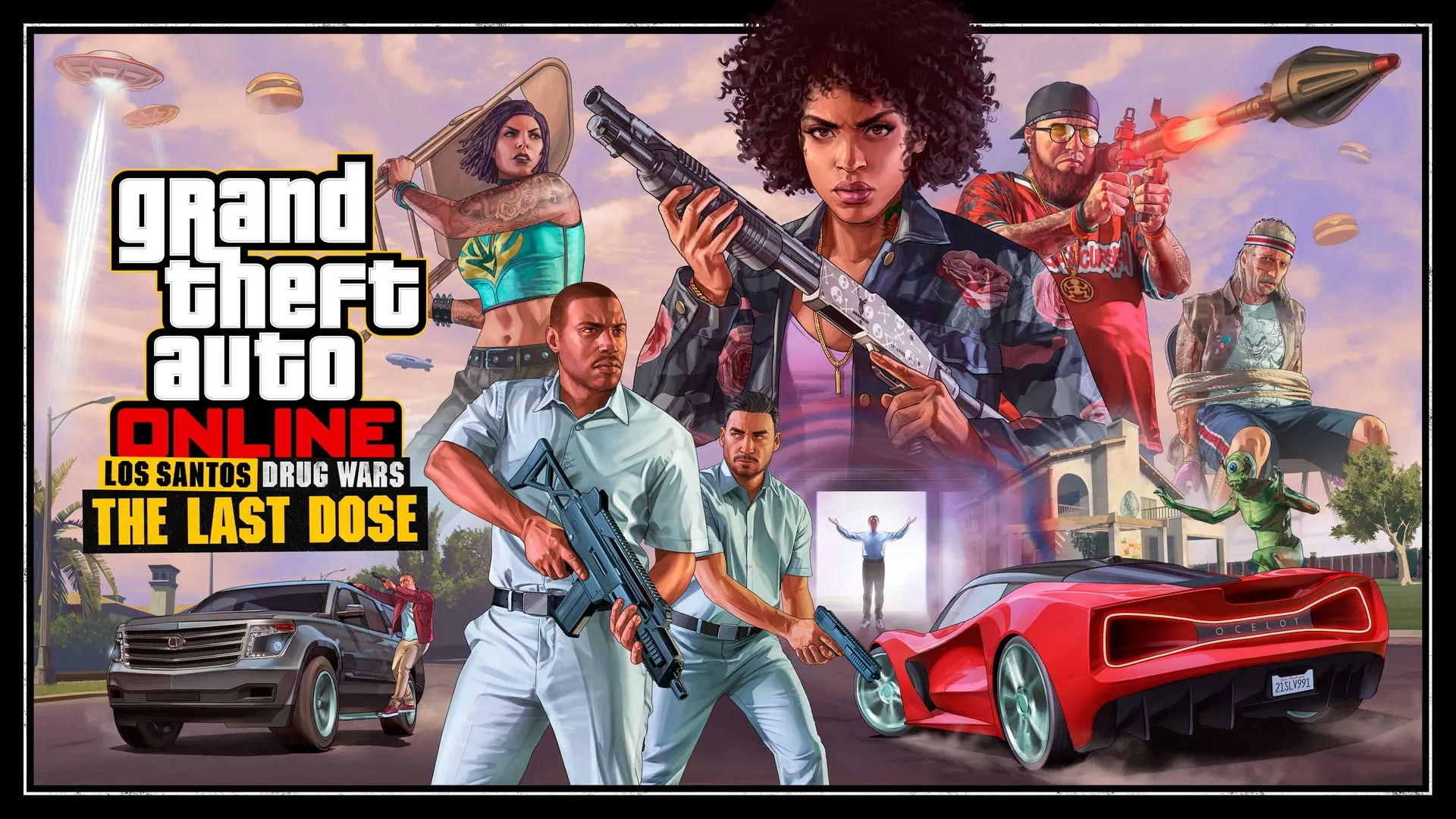 GTA Online: Los Santos Drug Wars – The Last Dose key art with Luchadora, Dax and the armed Fooliganz, Dr. Friedlander and a red sports car.