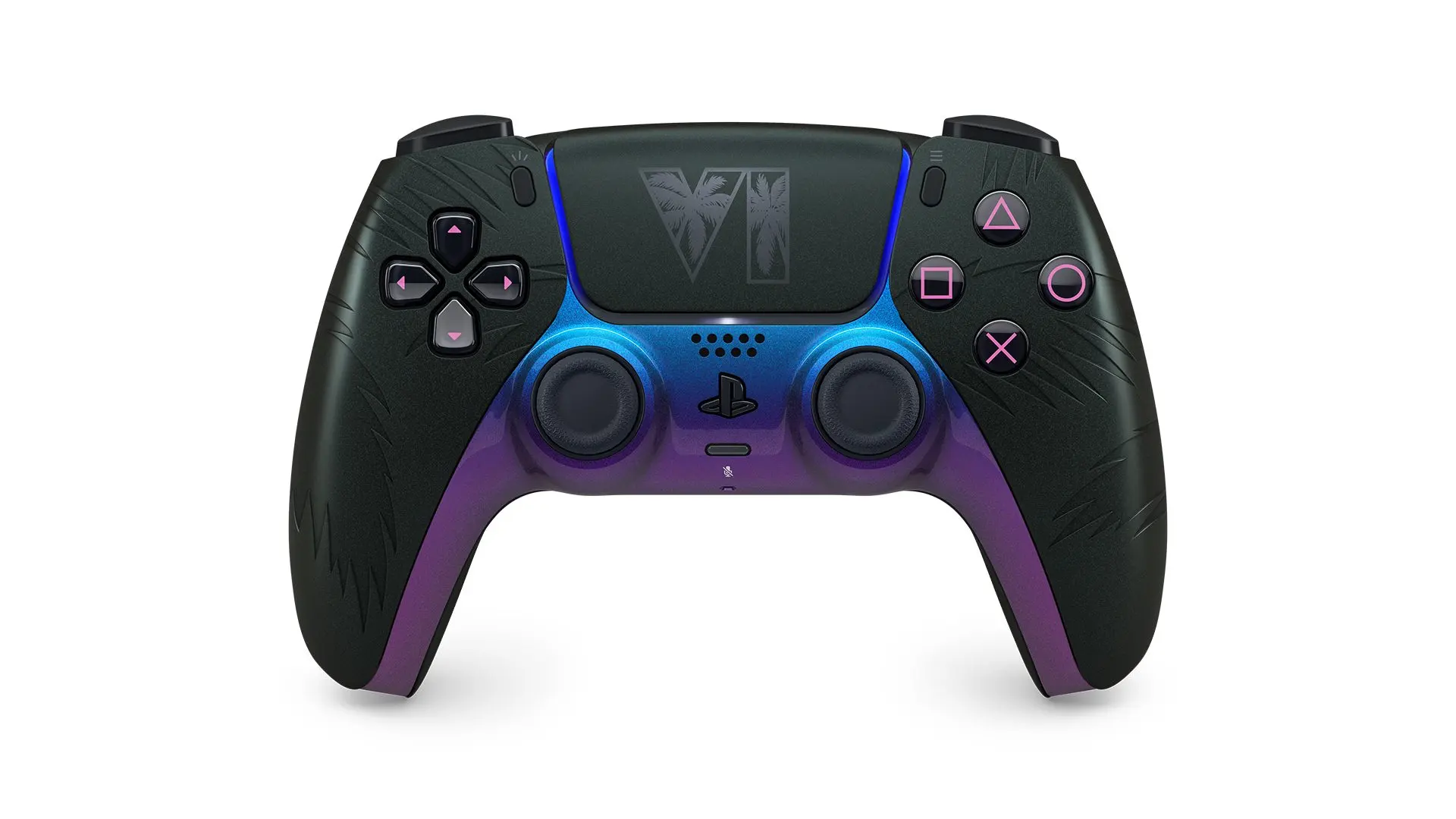 The black GTA VI DualSense controller, front view: black shell with molded palm trees, a "VI" logo on the touchpad and a blue-to-purple gradient across the center.