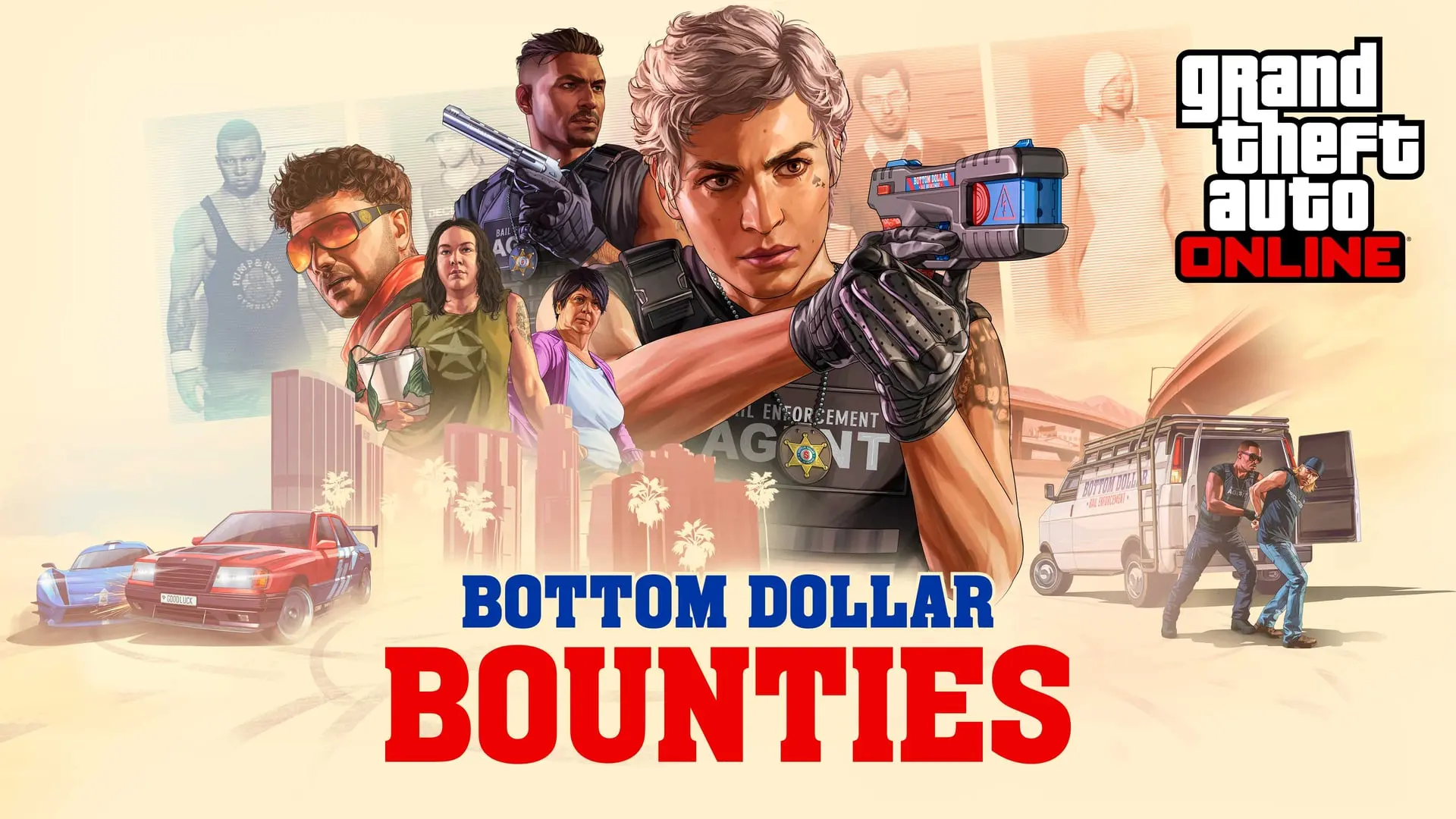 Arte principal de GTA Online: Bottom Dollar Bounties con una cazarrecompensas armada con una pistola eléctrica, su equipo y la furgoneta de fianzas.
