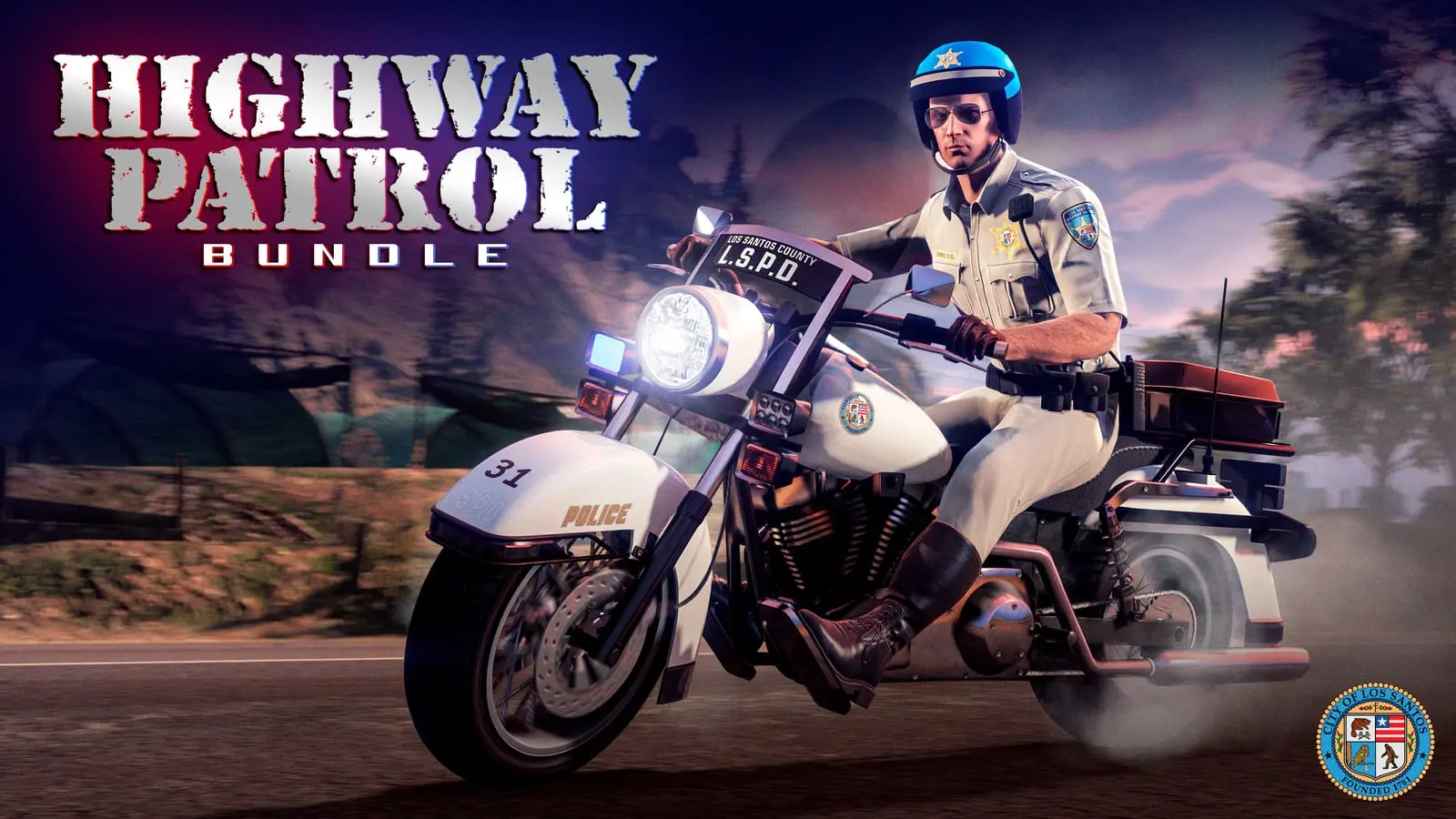 Cartel del Highway Patrol Bundle: un personaje con el uniforme de patrulla de autopista de verano sobre la Western Police Bike.