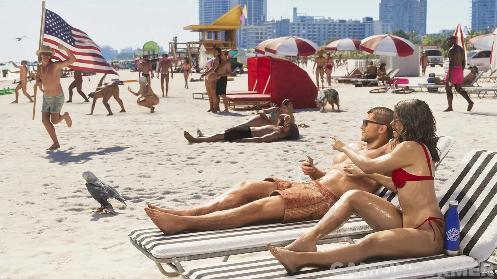 A couple on sun loungers on a packed Vice City beach, with red umbrellas, people running with a US flag and towers in the background.