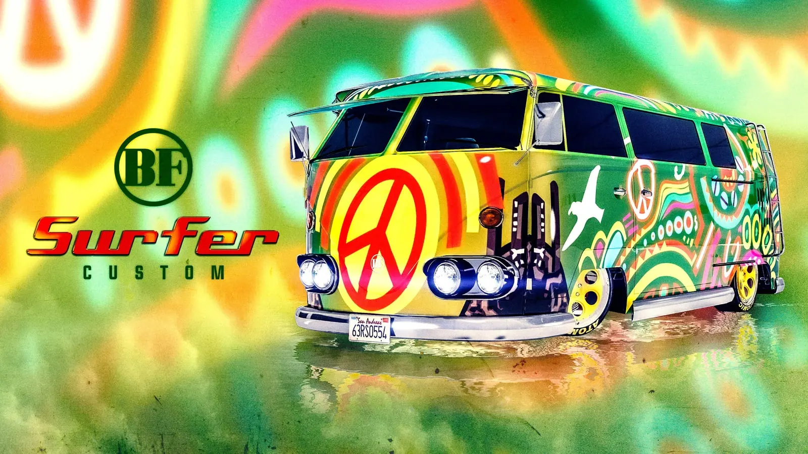 BF Surfer Custom van in a colourful hippie livery with a peace sign.