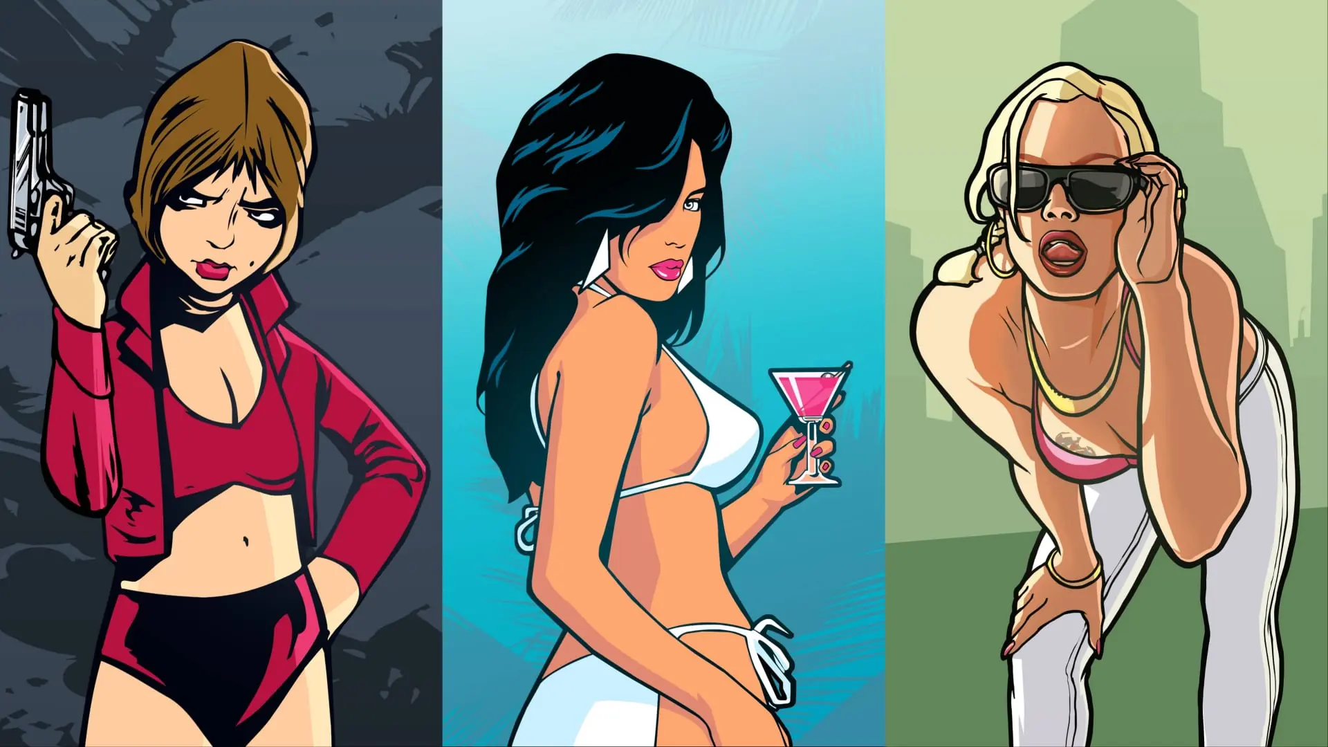 Official GTA The Trilogy artwork showing three female characters from GTA III, Vice City and San Andreas in colorful panels.