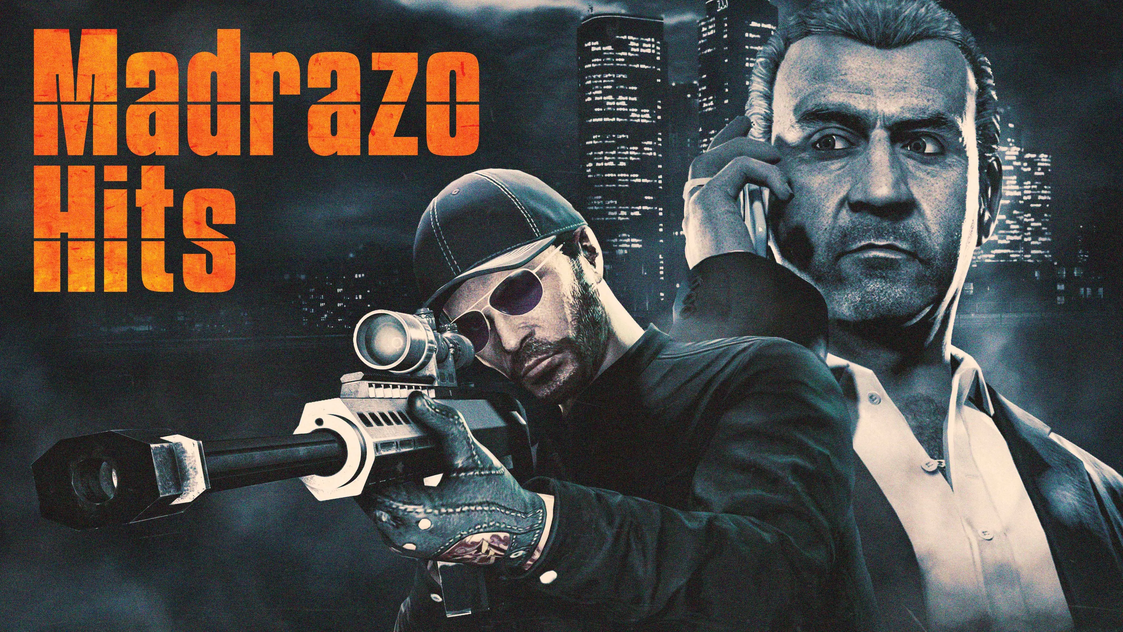 Madrazo Hits poster: Martin Madrazo on the phone while a GTA Online character aims down a sniper scope.