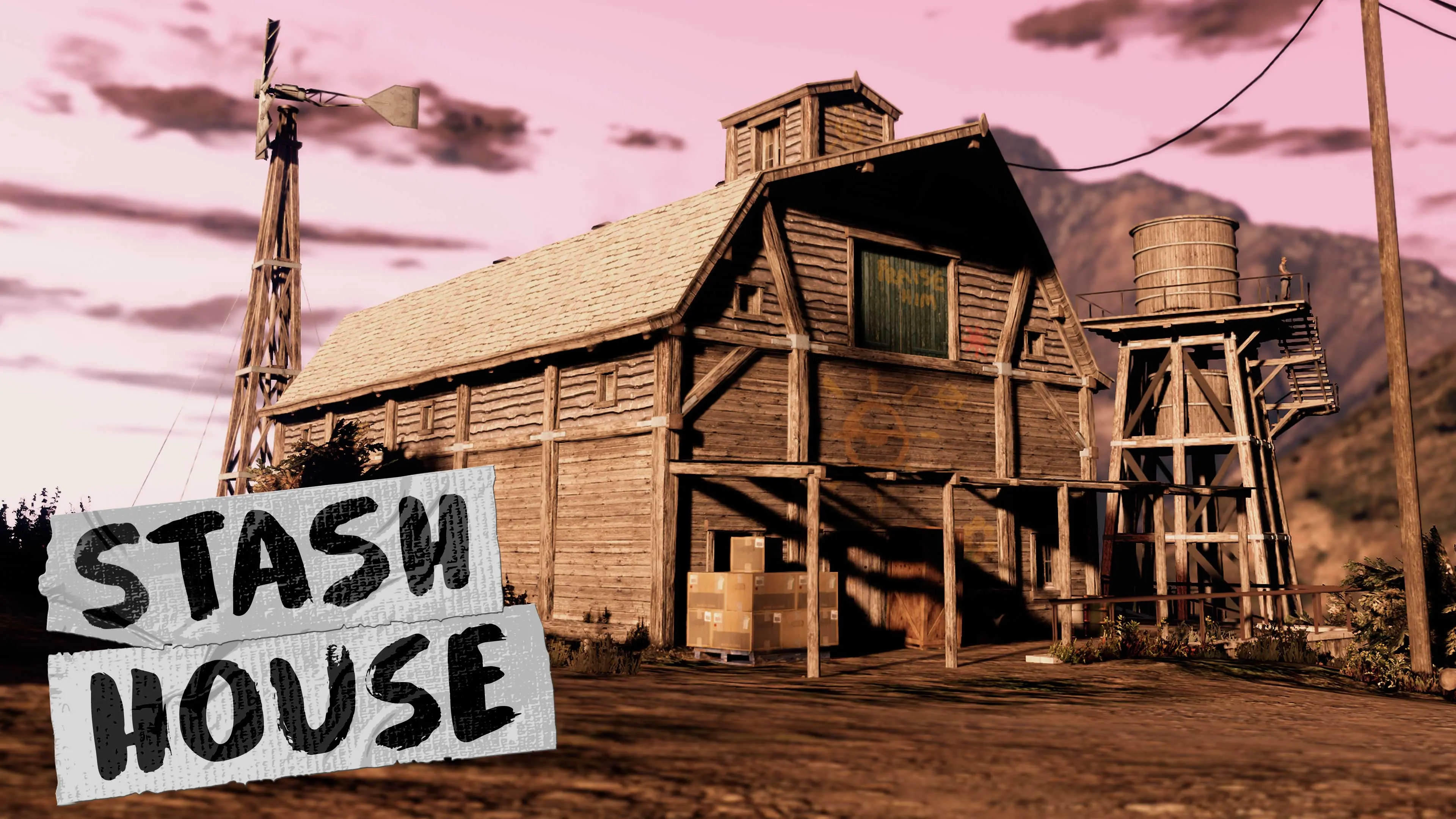 A wooden barn in the desert with the text “Stash House”.