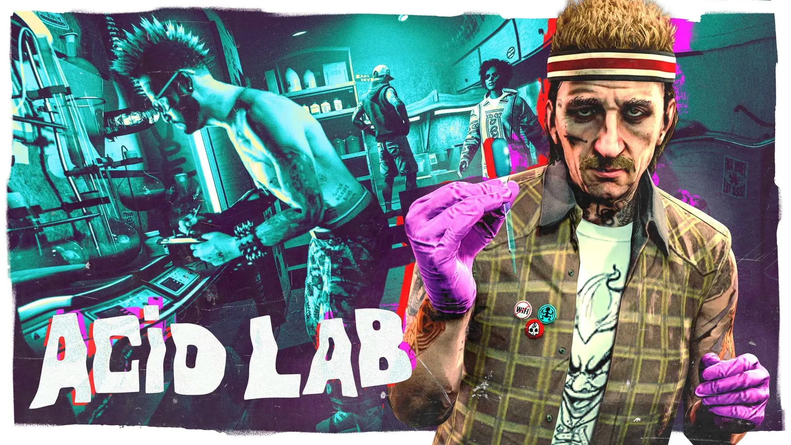 Acid Lab poster with Mutt, in a headband and latex gloves, in front of the lab.