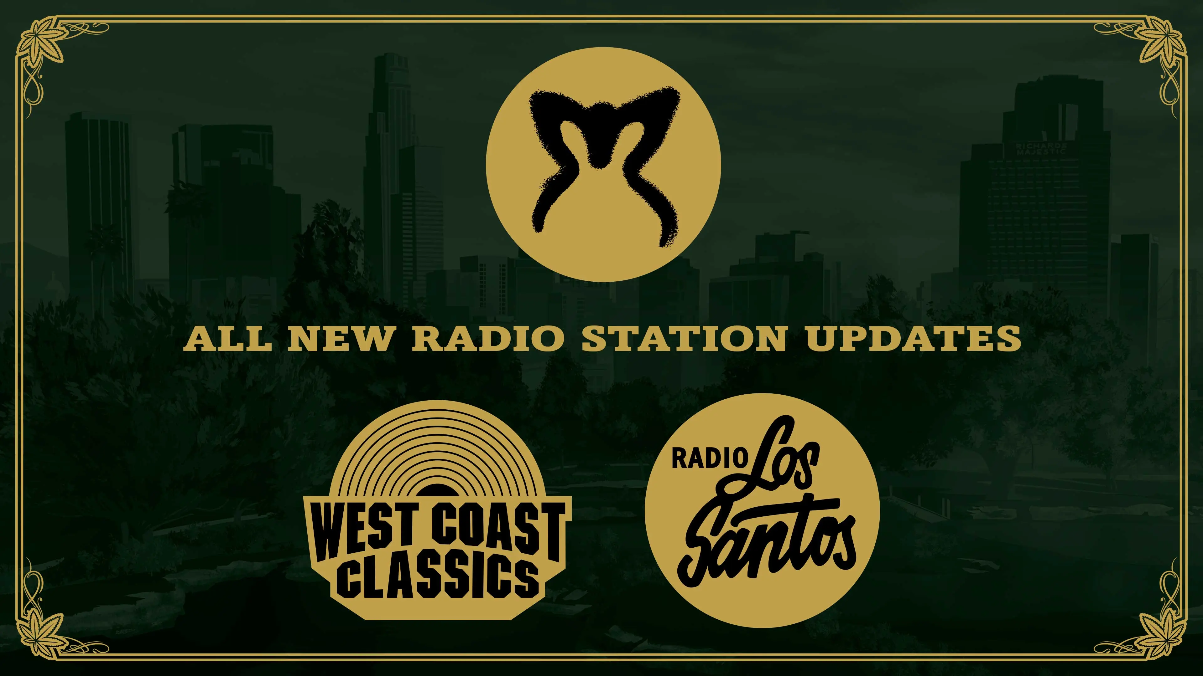 Cartel de las novedades de West Coast Classics y Radio Los Santos en GTA Online.