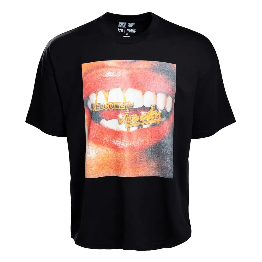 Black Miami Heat Vice City Collection tee with a photo of red lips and gold teeth reading “Welcome to Vice City”.