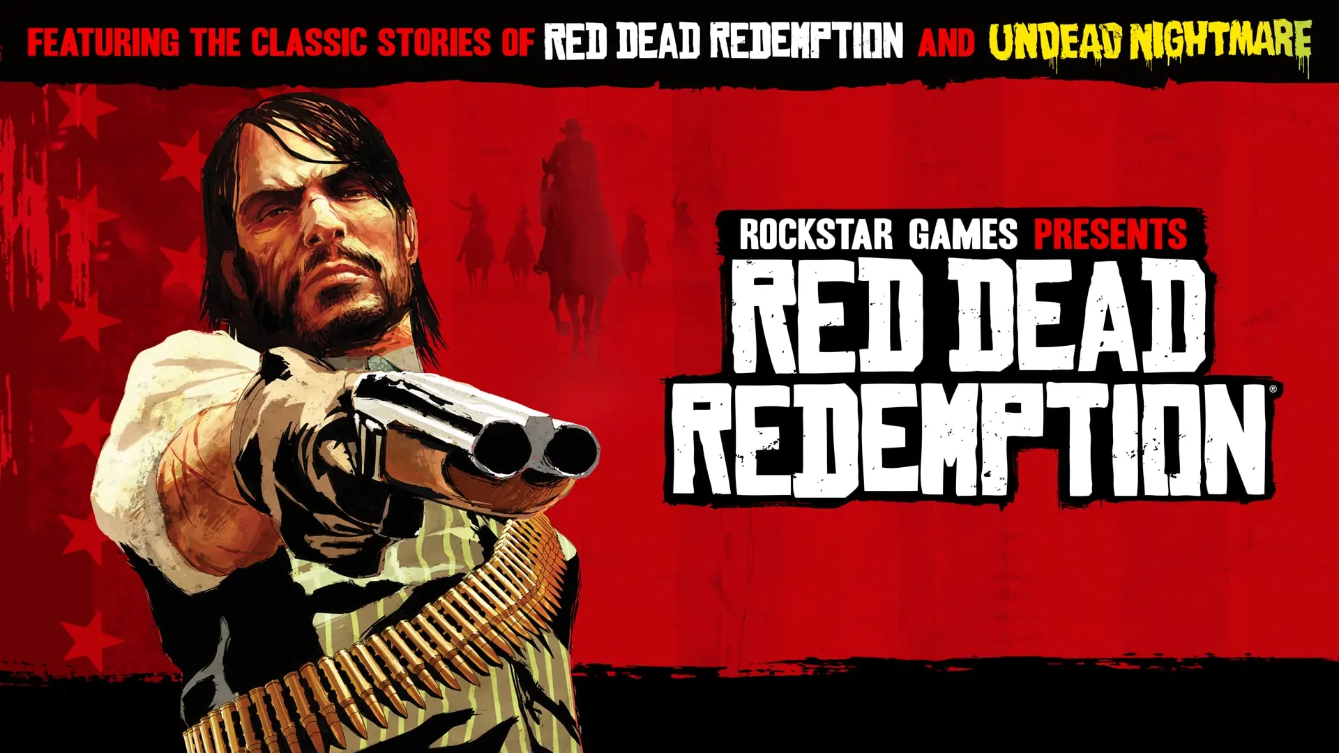 Cartel rojo de Red Dead Redemption con John Marston apuntando con una escopeta y el texto «Featuring the classic stories of Red Dead Redemption and Undead Nightmare».